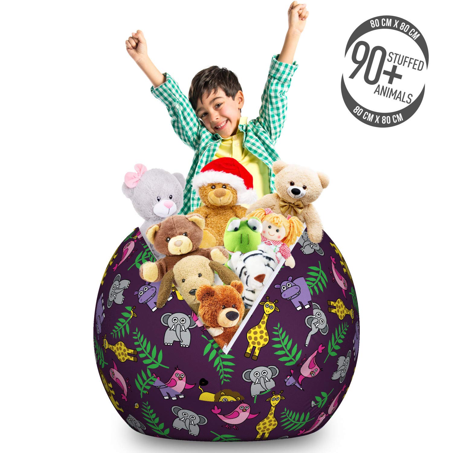 Ambesonne Funny Cartoon Jungle Animals Storage Bag Chair - Large Washable Stuffed Animal Organizer with Palm Leaves on Purple Savannah Theme | Perfect for Kids' Room, Playroom & Toy Organization