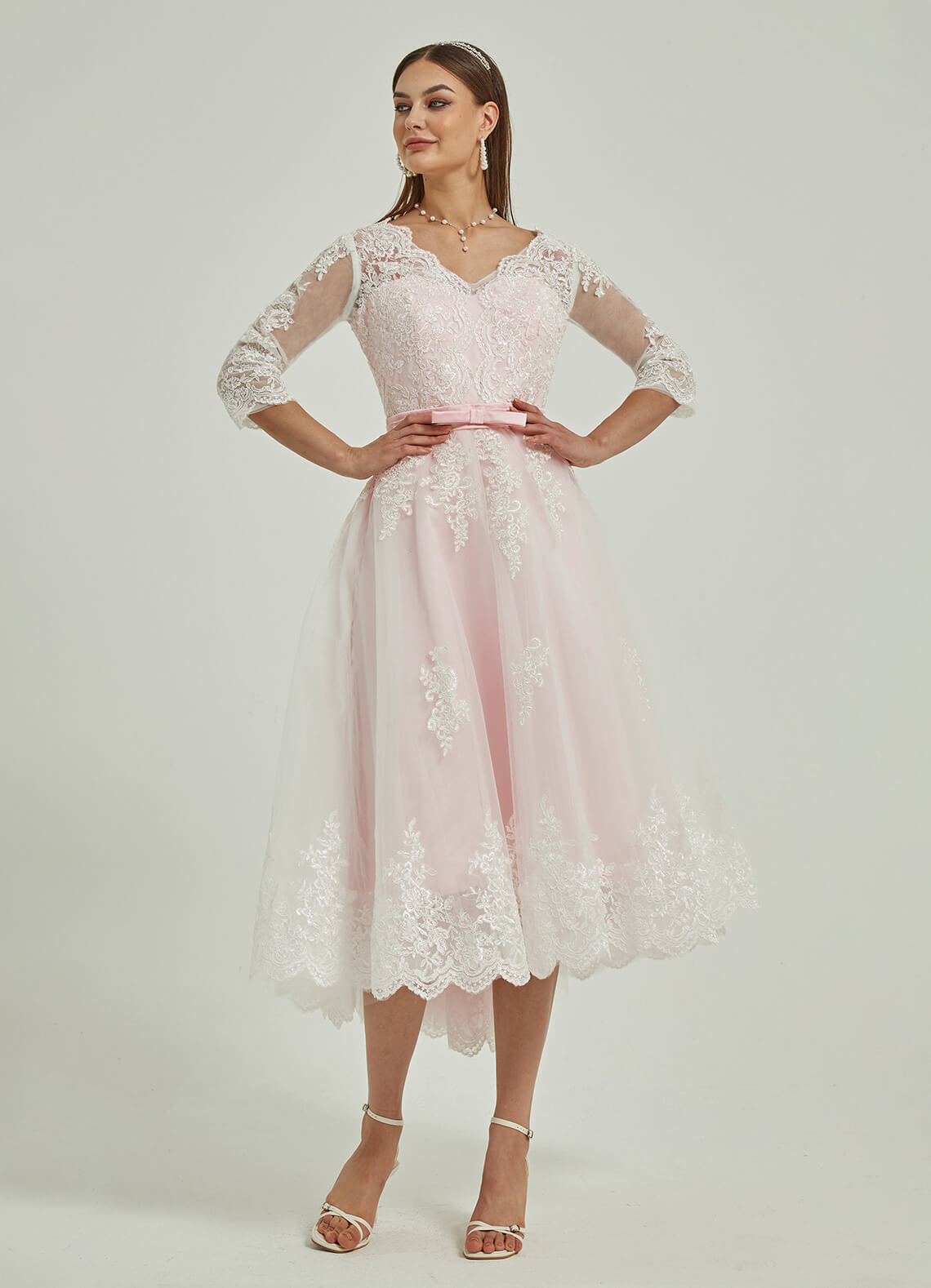 Elegant Diamond White & Blush Lace A-Line Wedding Dress with 3/4 Sleeves & High-Low Hem - Perfect for Beach Weddings, Vow Renewals & Romantic Photoshoots