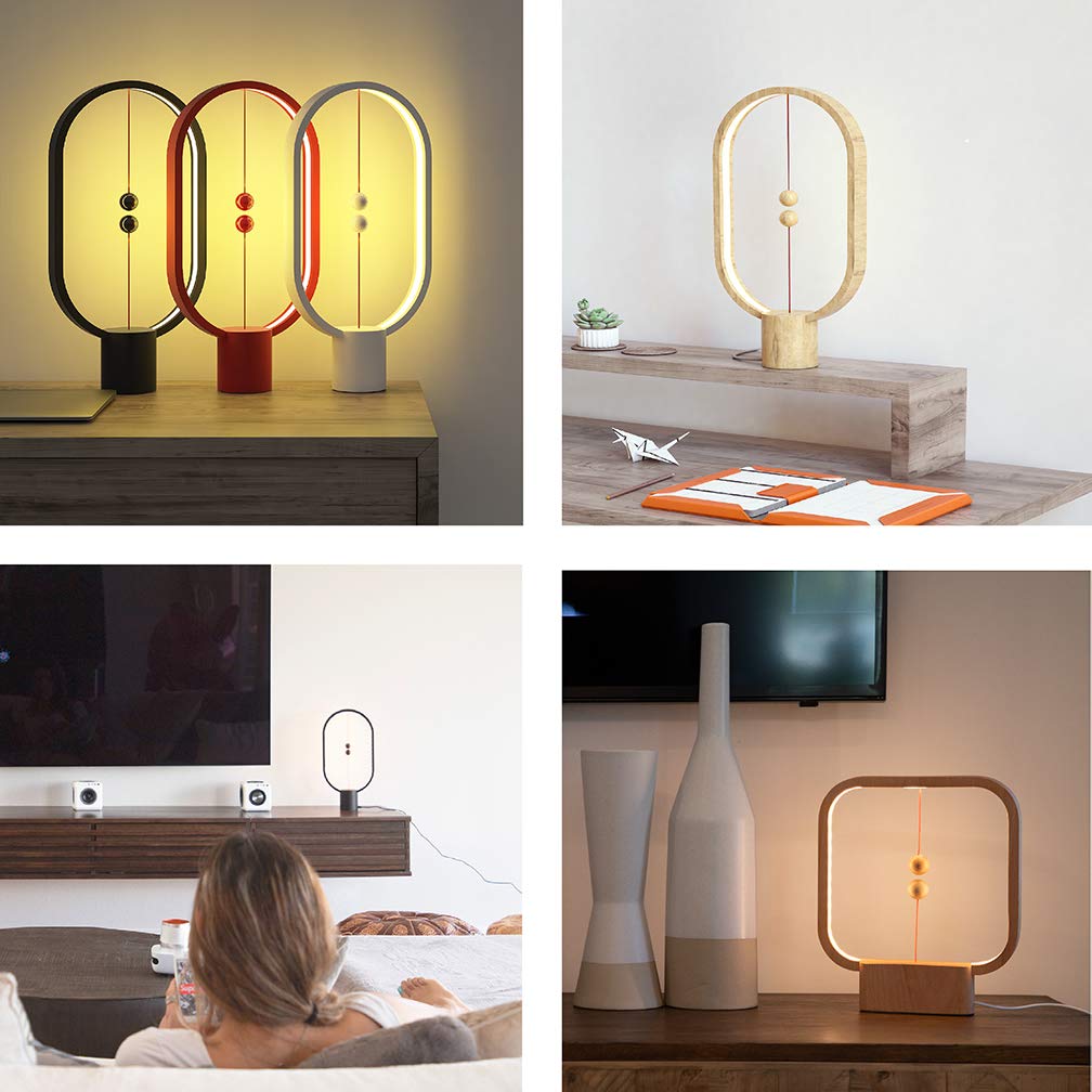 Allocacoc Heng Balance LED Table Lamp - USB Powered, Mid-Air Switch, Warm Eye-Care Light, Contemporary Design with Real Wood Base (Oval) - Perfect for Home Office & Bedroom Nightstand
