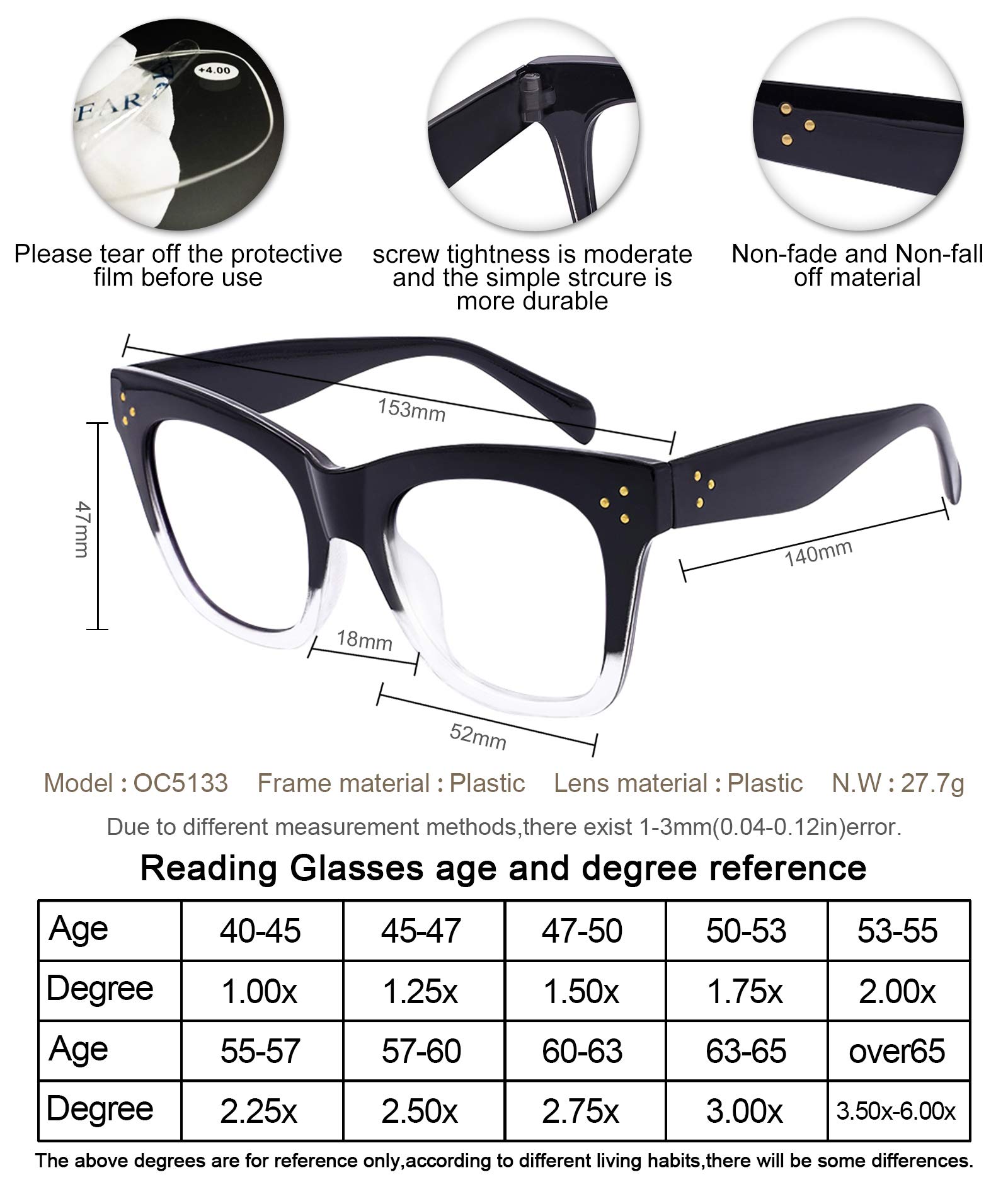 OCCI CHIARI Blue Light Blocking Reading Glasses for Women - Anti Glare Computer Glasses with Durable Frames (0.0 to 6.0 Strength Options) - Black Clear Lens 3.0 Magnification - Perfect for Office Work, Screen Time & Digital Eye Strain Relief