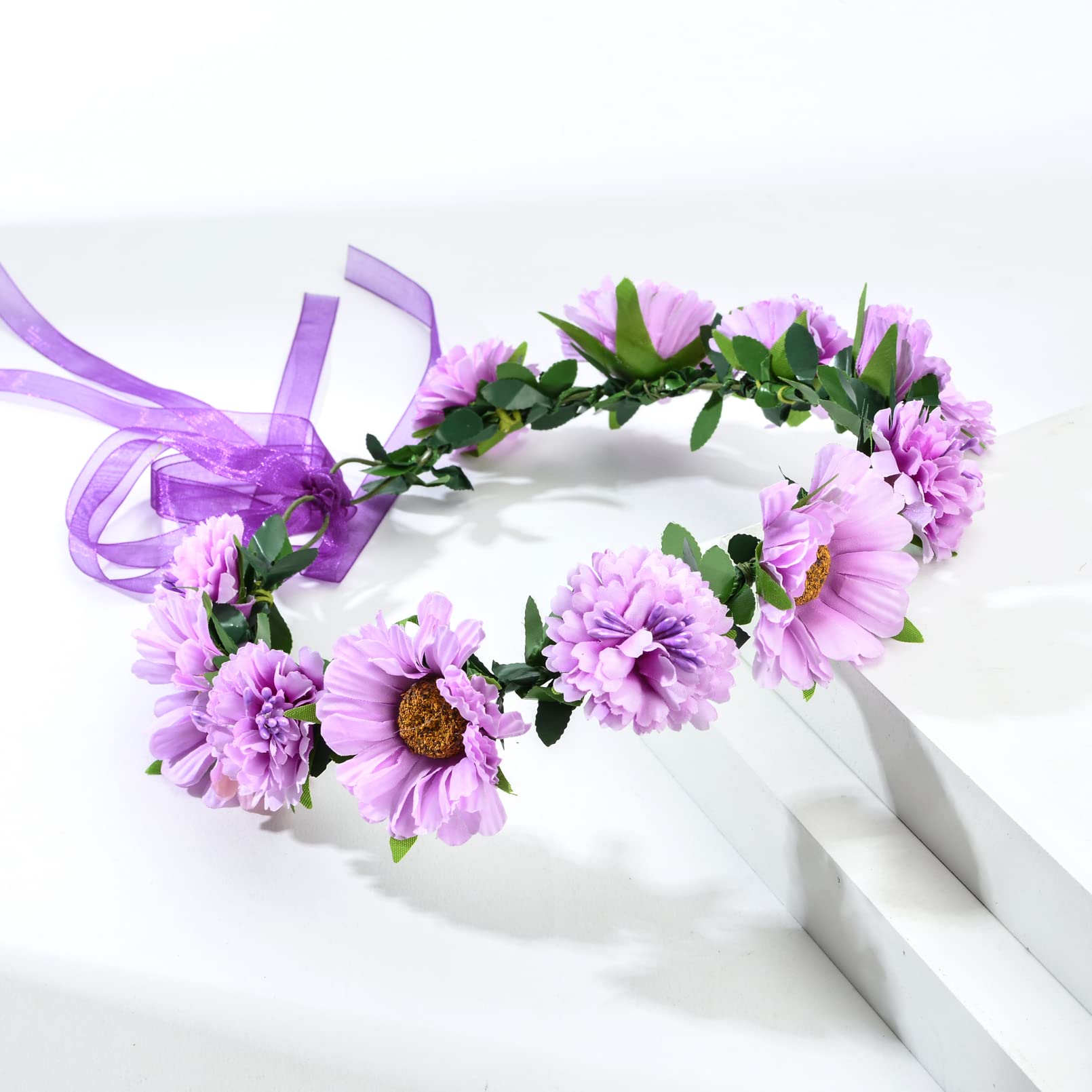 Purple Rose Flower Leaf Crown Bridal Halo Headband with Adjustable Ribbon - Perfect for Weddings, Boho Photos, Festivals & Fairy Costumes