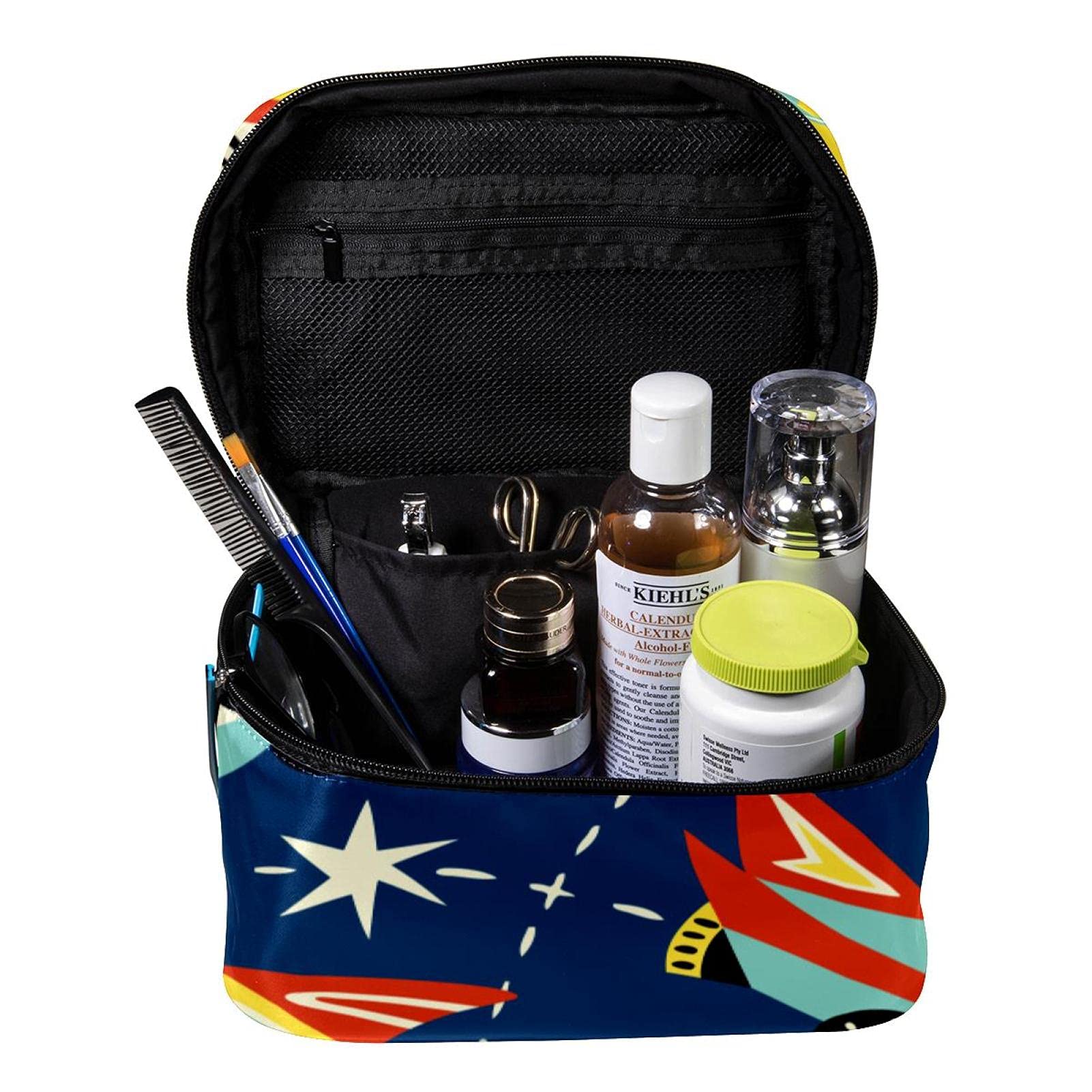 Cartoon Space Themed Navy Blue Travel Makeup Bag - Large Cosmetic Organizer Case with Zipper for Women & Girls - Perfect for Travel, Gym, and Daily Essentials Storage