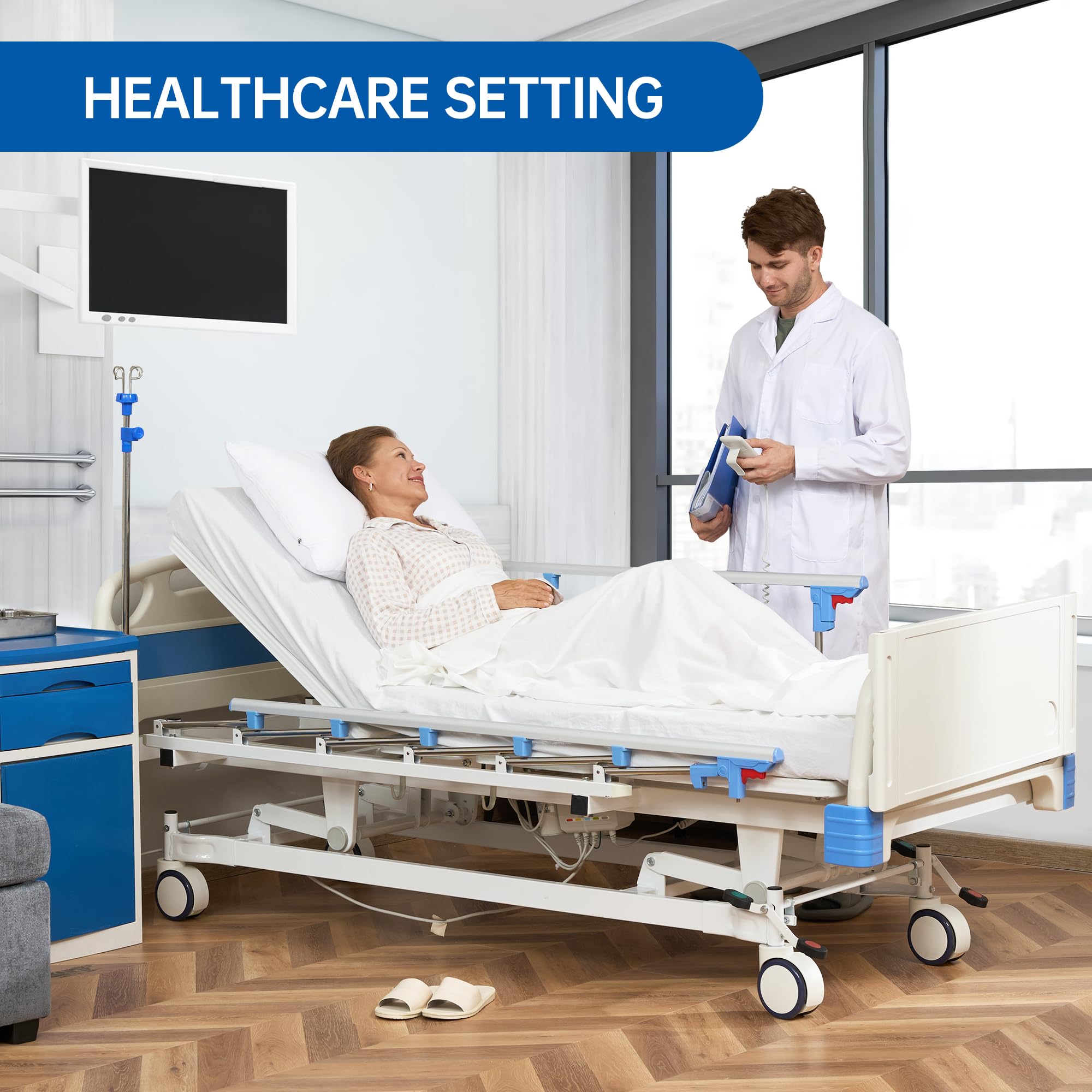 Electric Adjustable Hospital Bed with 3 Functions, 5-Inch Locking Casters - 530LBS Weight Capacity, Includes IV Pole, Bed Tray & Mattress - Ideal for Home Care, Patient Recovery & Medical Facilities