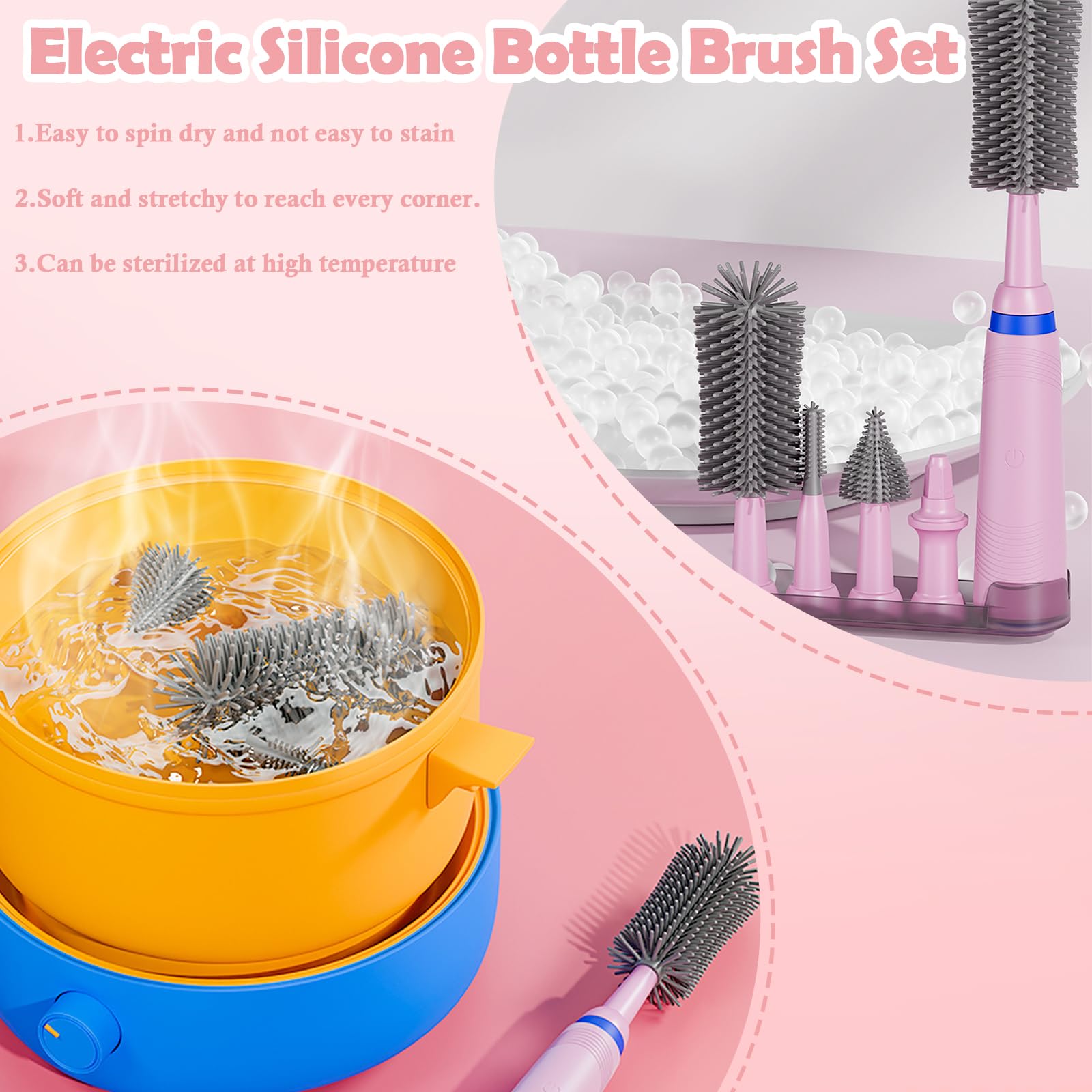 Electric Bottle Brush Set with Extendable Handle - for Water Bottles, Nipples & Straws - Home & Travel Use