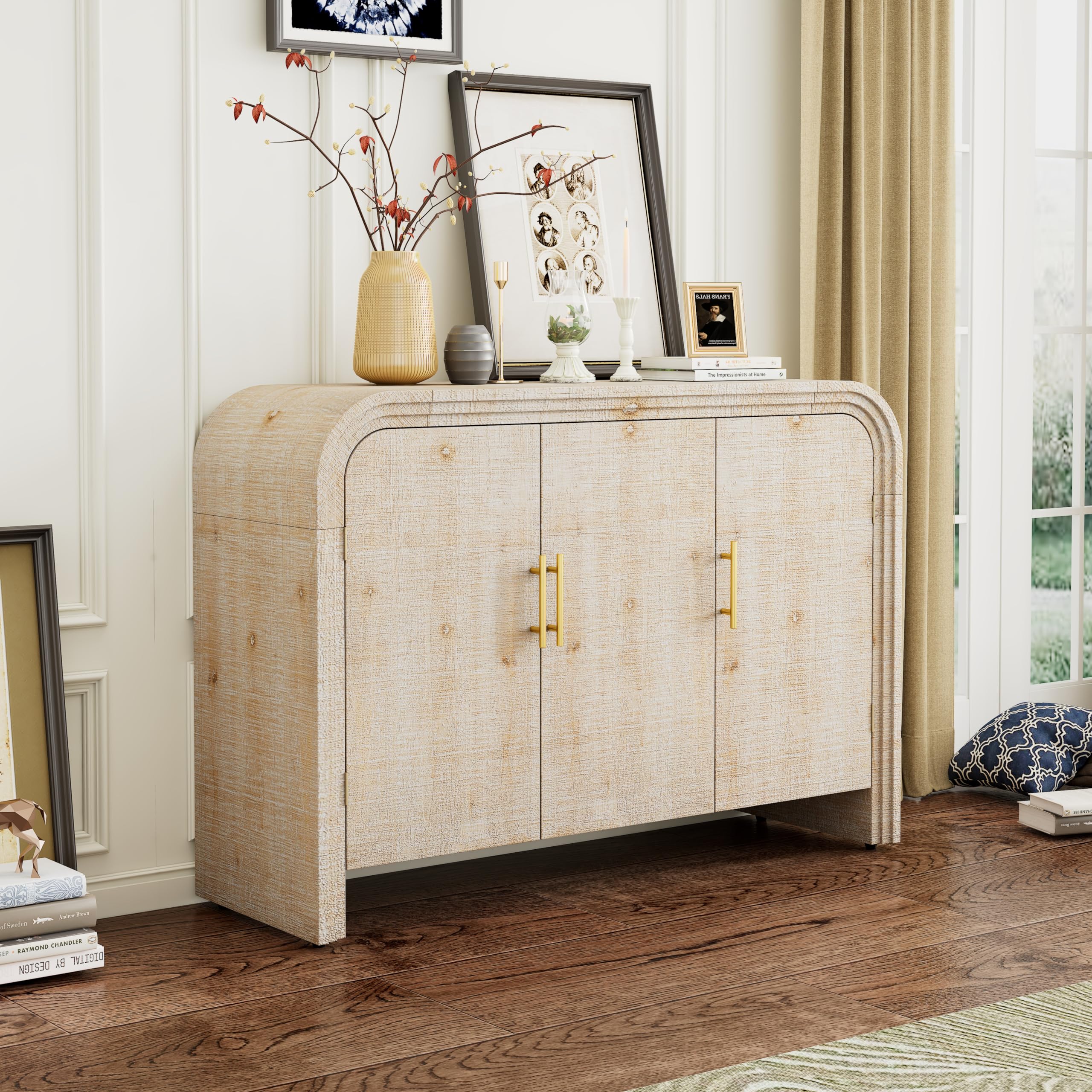 Modern Farmhouse Sideboard Table with Storage - Curved Design, Gold Handles & Adjustable Shelves - Buffet Cabinet for Dining Room, Kitchen - Perfect for Entertaining & Home Organization