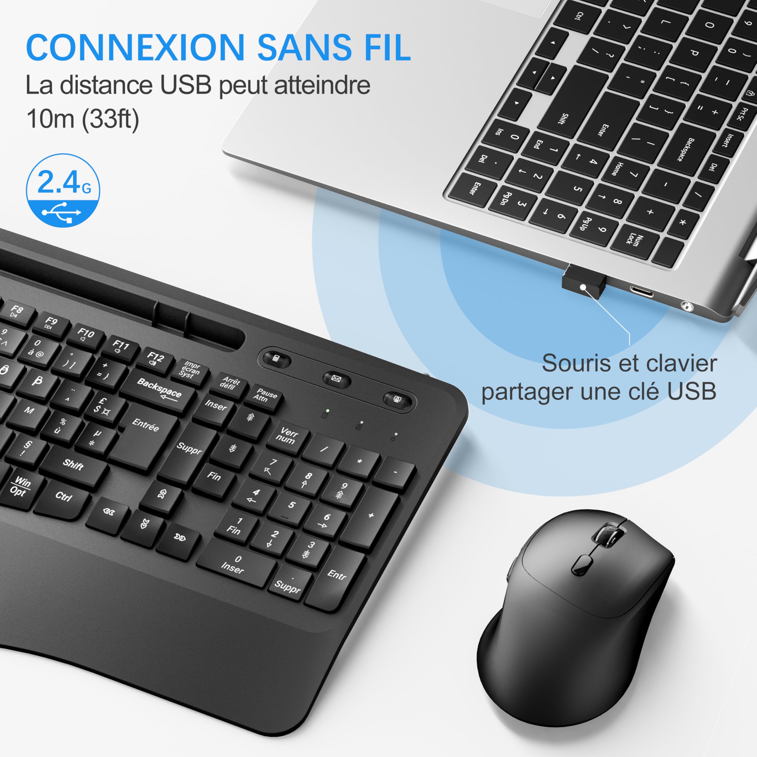 Moojay 2.4G Wireless Keyboard and Mouse Set - Ergonomic Rechargeable Silent Keyboard with Wrist Rest, Full Size Mouse for PC, Mac, Windows - Perfect for Office, Gaming & Home Use (Black)