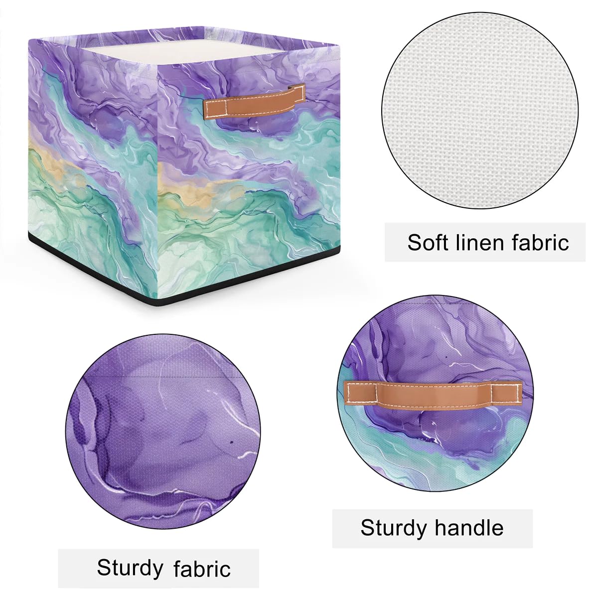 13 Inch Collapsible Storage Basket with Leather Handle - Foldable Organizer Bin for Closet, Shelves & Home Decor (Green & Purple) | Perfect for Bedroom, Bathroom & Office Organization
