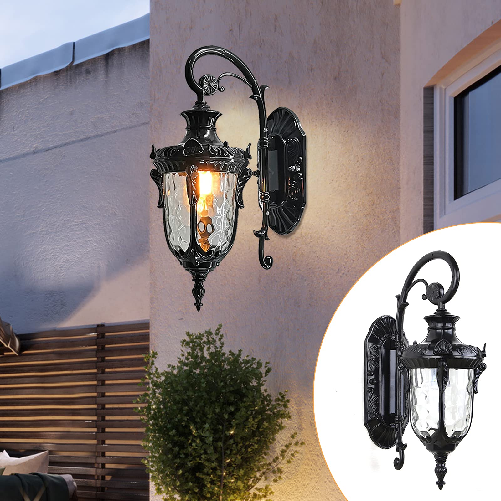 TFCFL Outdoor Industrial Wall Light Fixtures - Waterproof Exterior Wall Sconce with Hammered Glass Shade, Black Porch Lights for House, Barn, Garage & Patio Lighting