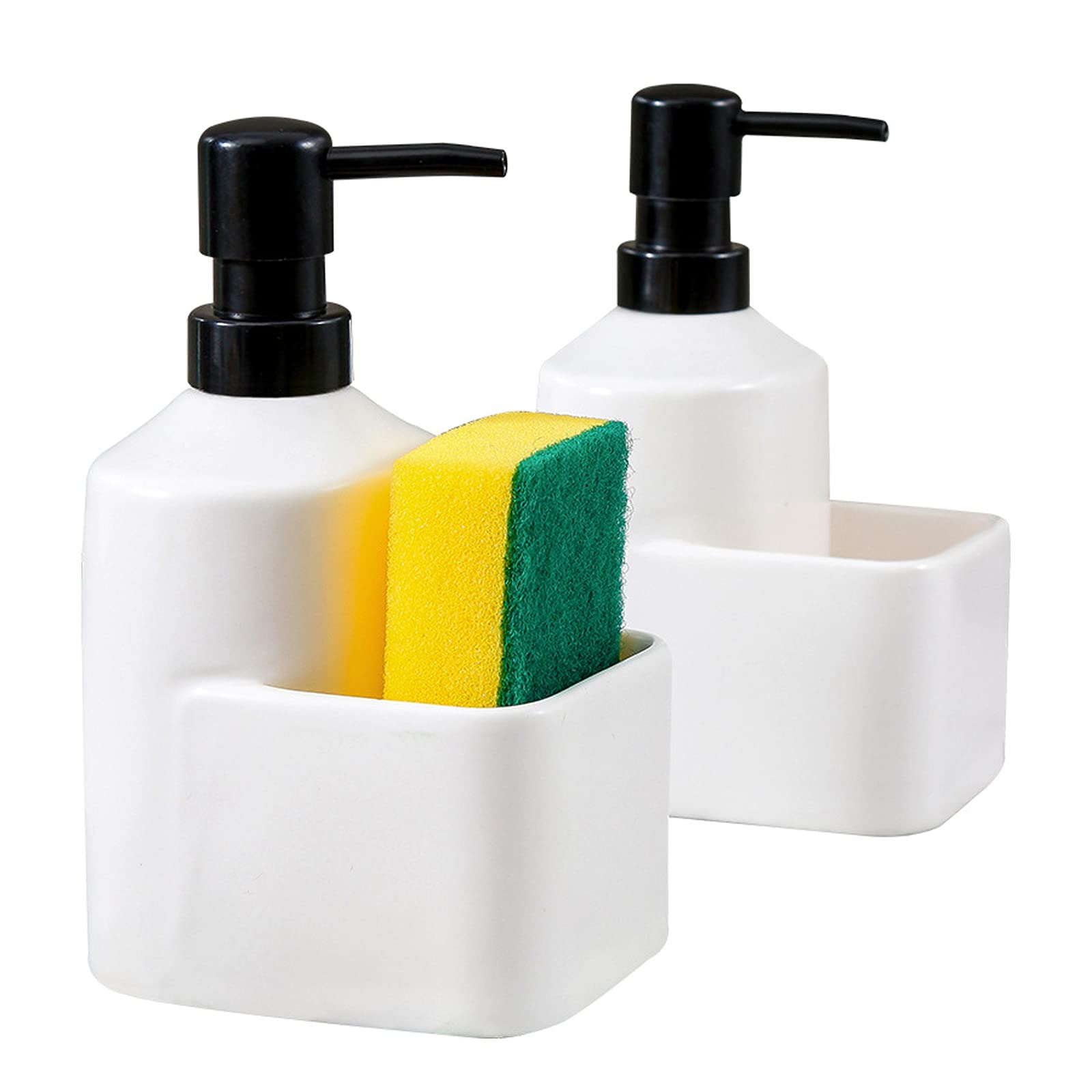 Refillable Soap Dispenser Pump with Sponge Holder - 380ml White Essential Oil Lotion Liquid Soap Bottle for Kitchen, Bathroom & Sink - Multifunctional Storage Rack for Hand Soap, Dish Soap & Shampoo