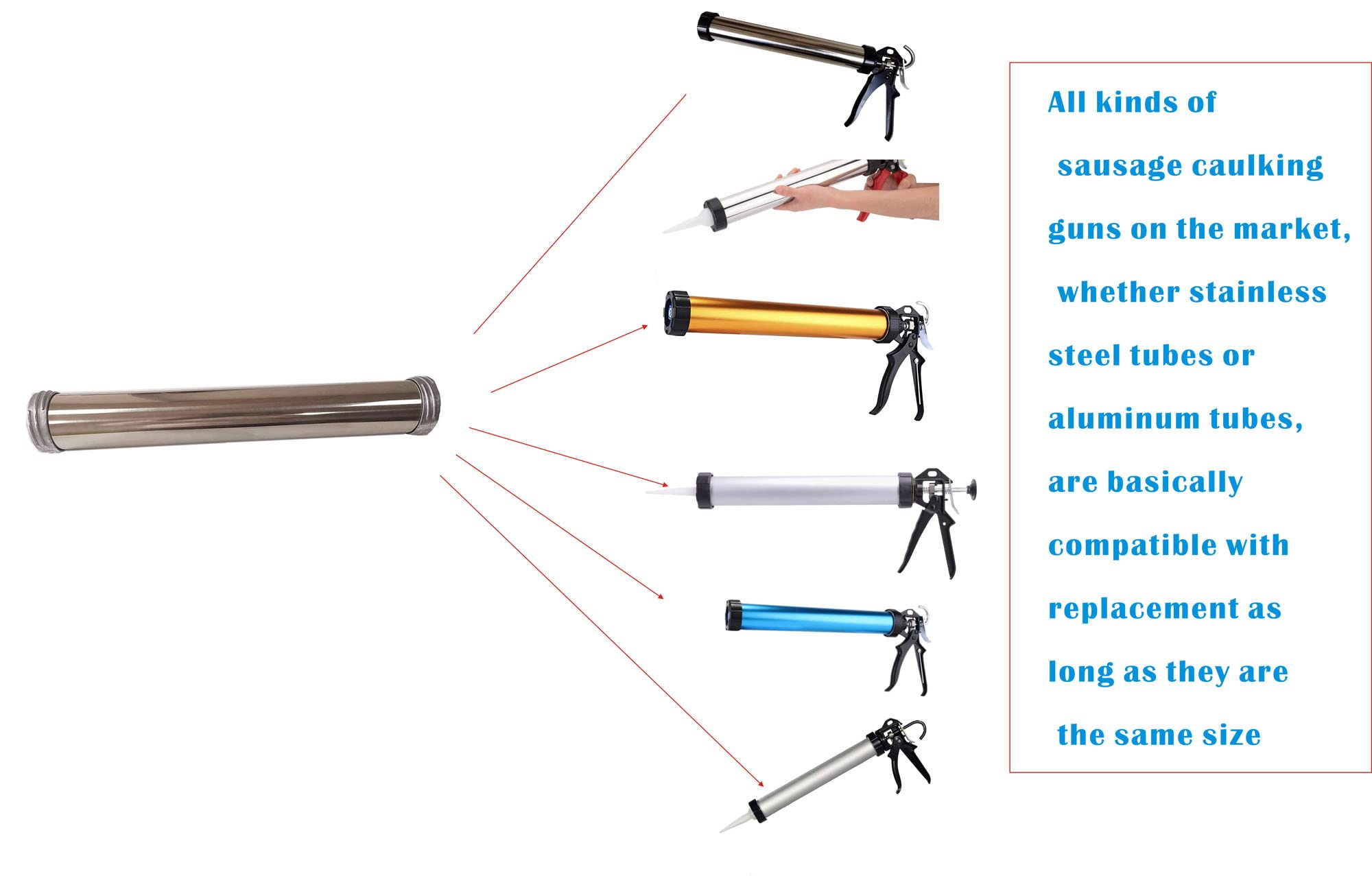 Stainless Steel Manual Sausage Caulking Gun with Replaceable Tube - 20 oz Capacity, 12:1 Drive Ratio - Perfect for Sealant, Adhesive & Construction Projects