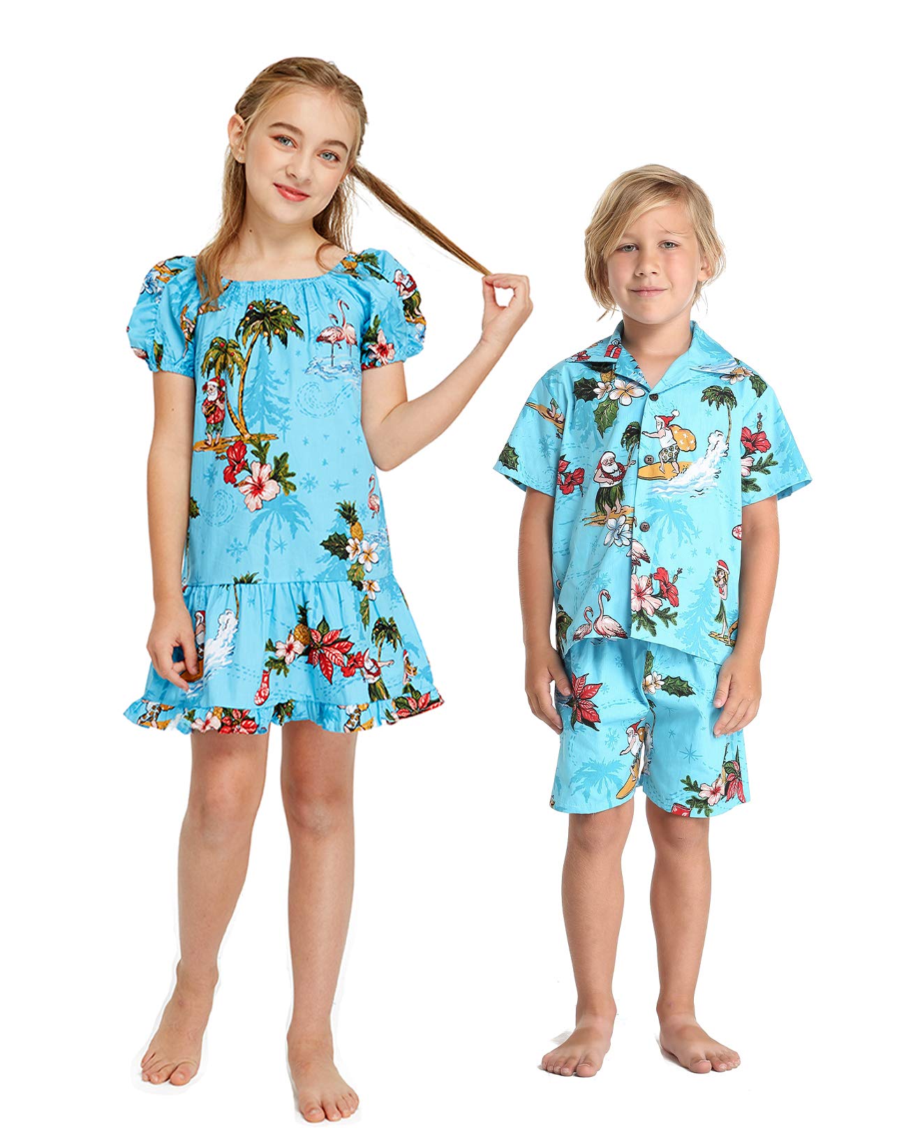 Hawaiian Luau Matching Siblings Outfit - Girl's Simple Muumuu Dress & Boy's Aloha Shirt - Tropical Christmas Santa in Hawaii - Perfect for Family Vacations, Beach Parties, and Holiday Photos