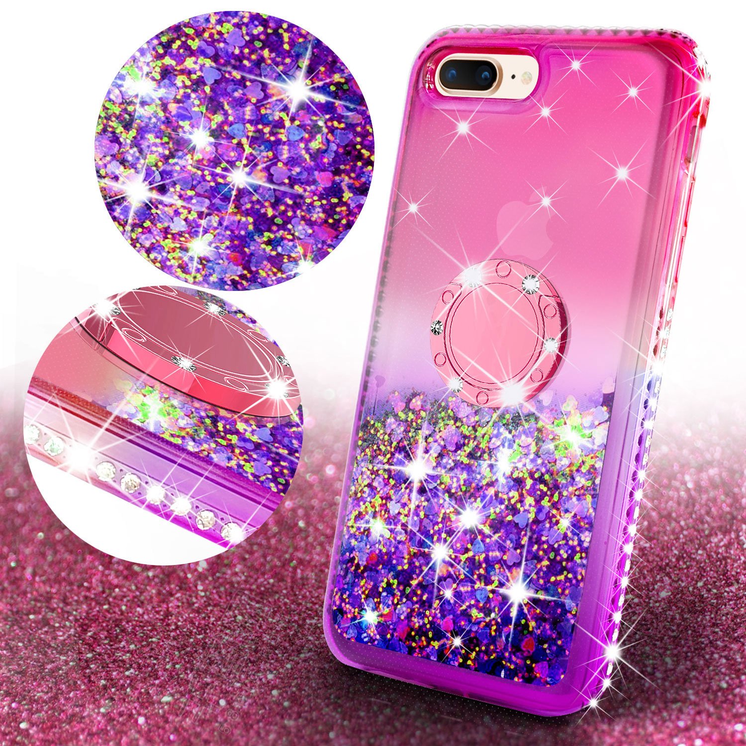 Cute Shockproof Liquid Glitter Phone Case with Ring Kickstand for iPhone 7 Plus/8 Plus - Hot Pink & Purple | Trendy Protective Case for Women & Girls | Perfect for Everyday Use, Parties & Travel