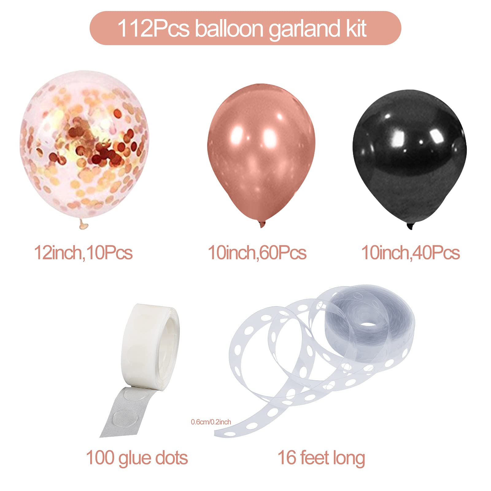 Black Rose Gold Balloons Garland Arch Kit - 112Pcs Rose Gold & Black Confetti Latex Balloons for Birthday, Wedding, Bridal Shower, Graduation, Retirement Party Decorations - Perfect for Indoor & Outdoor Celebrations