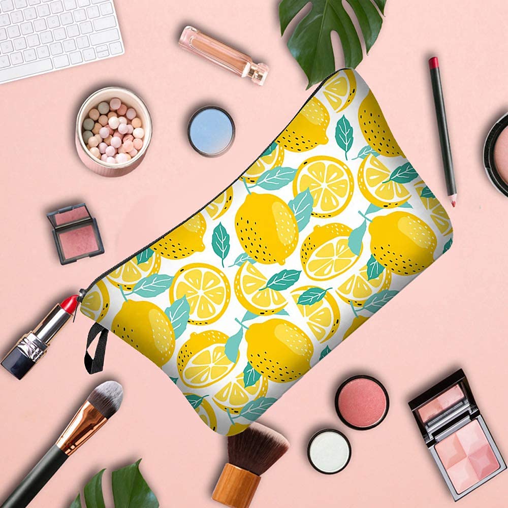 FITINI Waterproof Makeup Bag for Women - Portable Travel Cosmetic Organizer Pouch with Zipper, Cute Lemon Design, Toiletry Storage Clutch Purse | Perfect for Travel, Gym, Daily Use & Gift for Girls