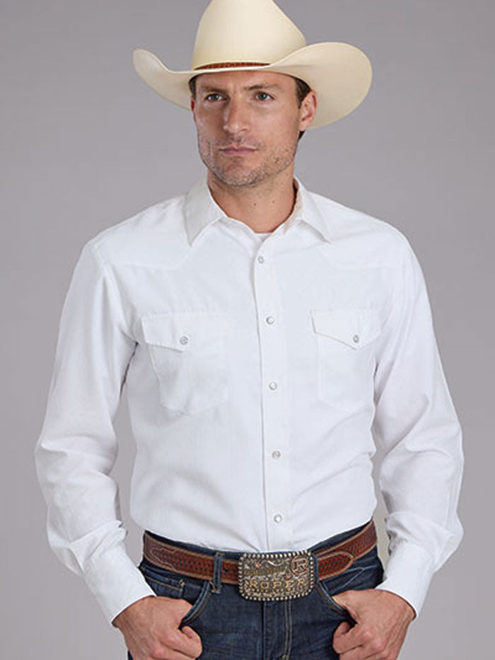 Roper Men's Long Sleeve Western Shirt - Solid Tone-on-Tone Design, White (01 001 0145 0371) | Perfect for Ranch Work, Rodeos & Casual Cowboy Style