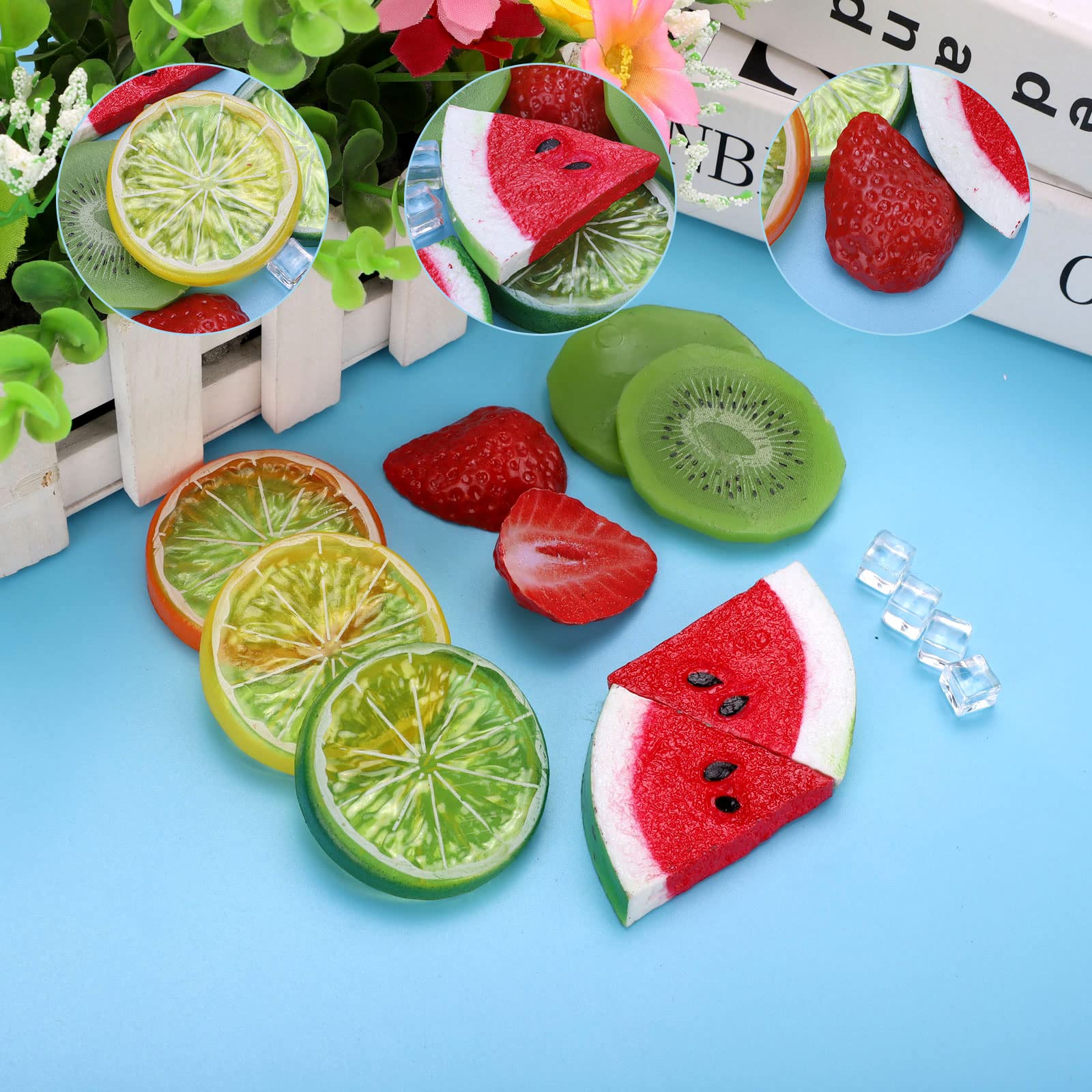 48Pcs Fake Fruit Plastic Fruit Set - Mixed Artificial Fruit Slices (Lemons, Kiwi, Strawberry, Watermelon) & Ice Cubes for Home Decor, Kitchen Display, Party & Wedding Decoration - Realistic Fake Fruit for Table Centerpieces, Dessert Displays & Photography Props
