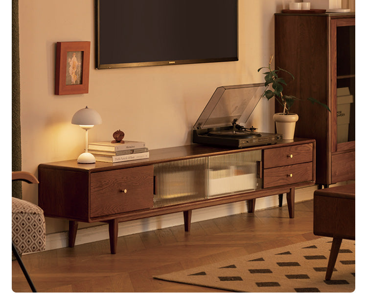 Solid Oak Wood TV Stand with Glass Sliding Doors - Modern Entertainment Center for Living Room, Bedroom & Home Theater