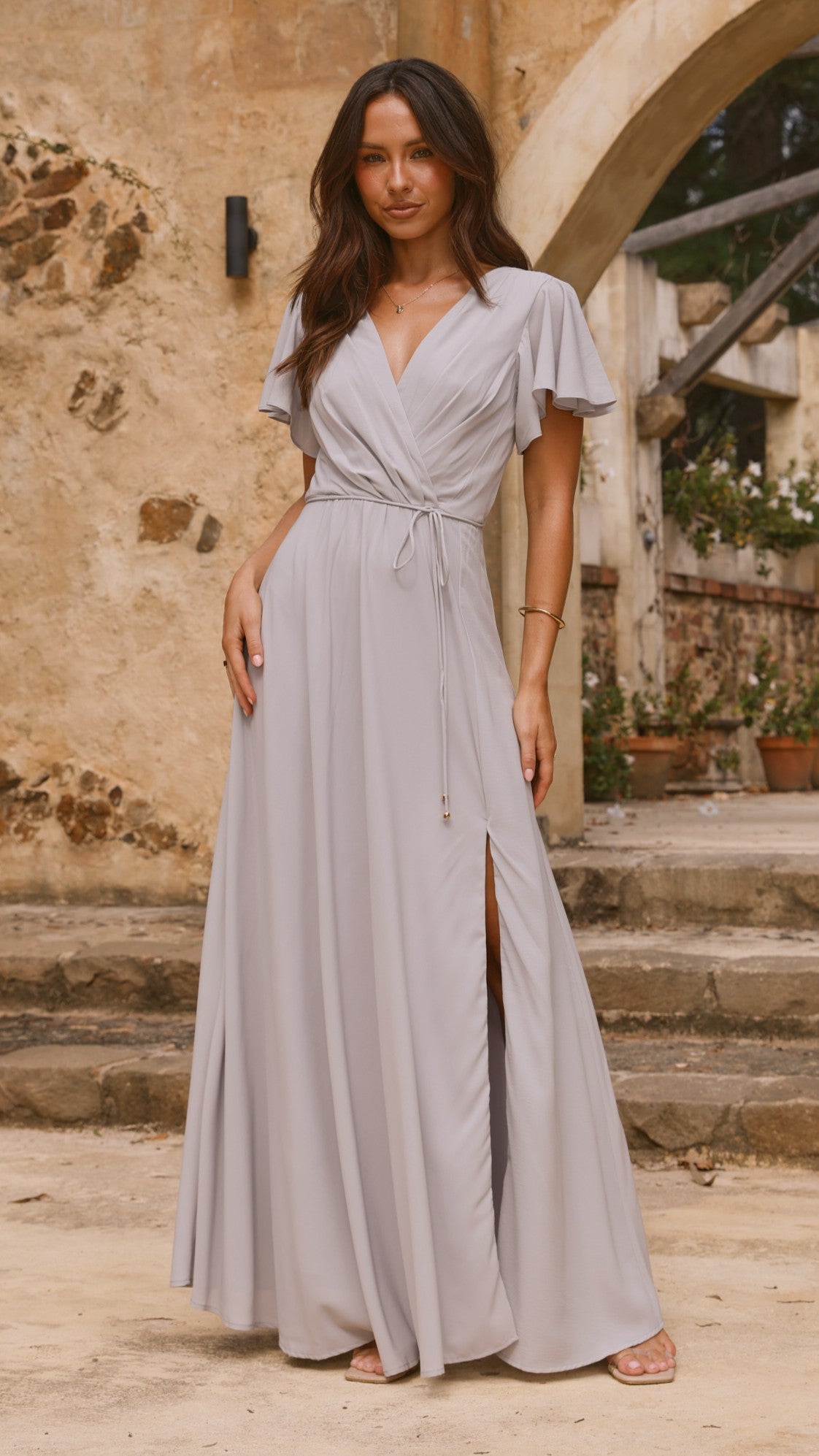 Charlize Maxi Dress for Women - Light Grey Flowy Long Dress for Summer, Beach, and Casual Wear