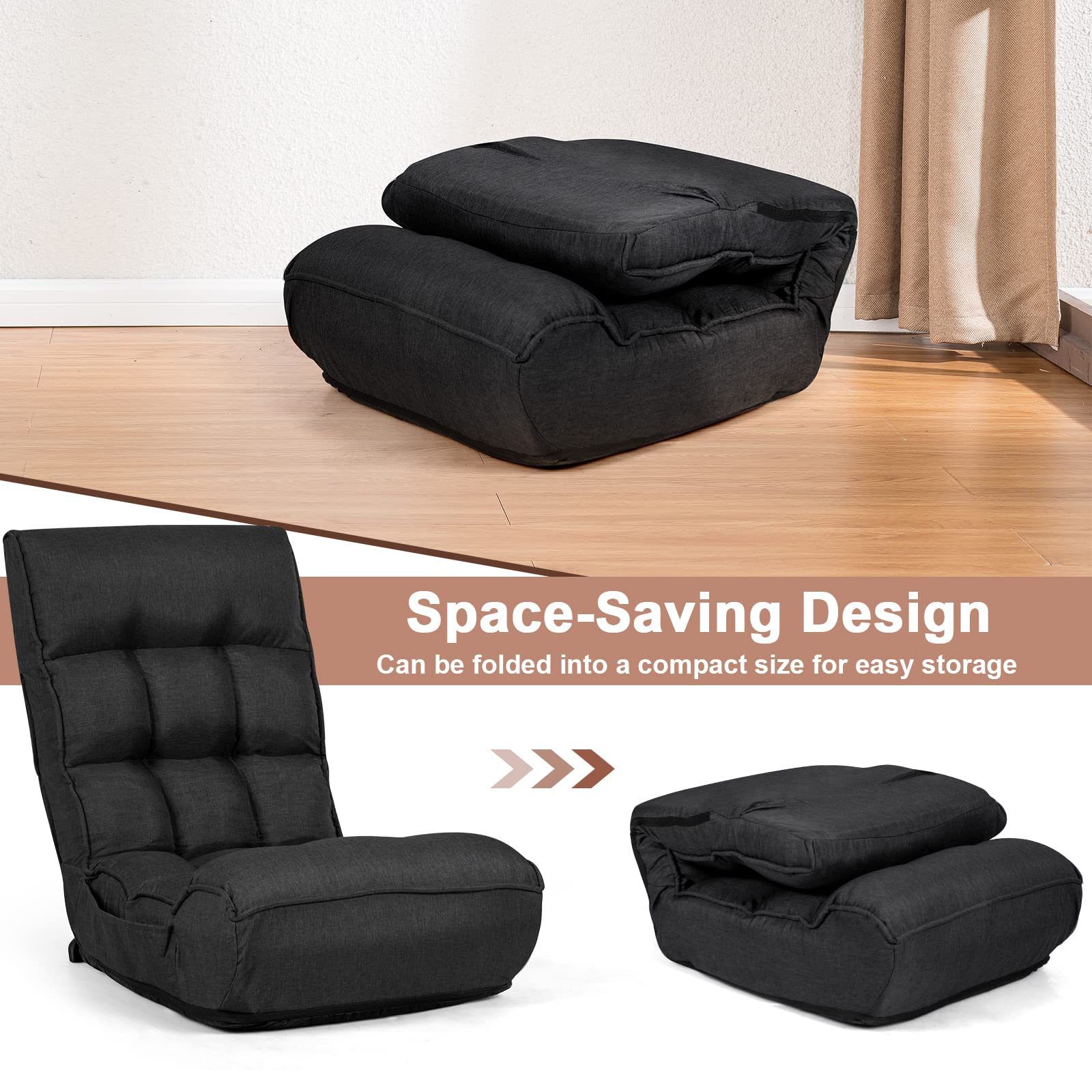 SAFSTAR Adjustable Folding Floor Chair - 5-Position Headrest & 4-Position Backrest Gaming Chair with Thick Cushion & Side Pocket - Comfortable Padded Seat for Living Room, Bedroom, Gaming, Reading & Relaxing