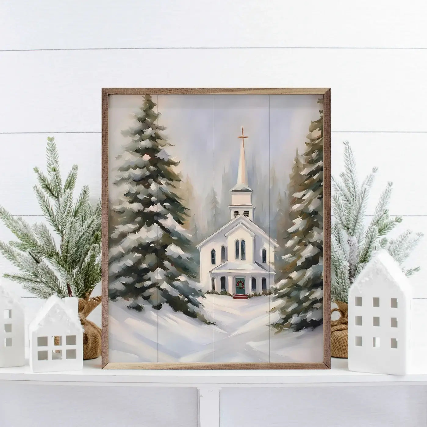 Church With Snow Wood Framed Print - Winter Landscape Wall Art Decor for Living Room, Bedroom & Office