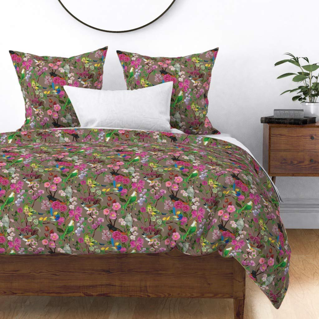 Custom Spoonflower Cotton Sateen Duvet Cover Full/Queen Size - Elegant Birds & Blooms Chinoiserie Floral Print in Taupe | Botanical Spring Bedding for Master Bedroom or Guest Room Decor