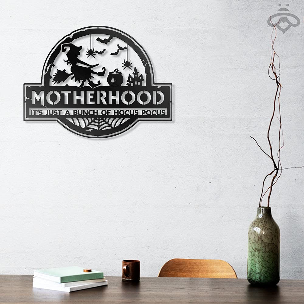 Witch Motherhood Just a Bunch of Hocus Pocus LED Metal Wall Art - 12x12 Inch Halloween Decor with Lights - Scary Black Metal Sign for Living Room, Outdoor & Home Decor - Perfect Halloween Gift for Spooky Decorations