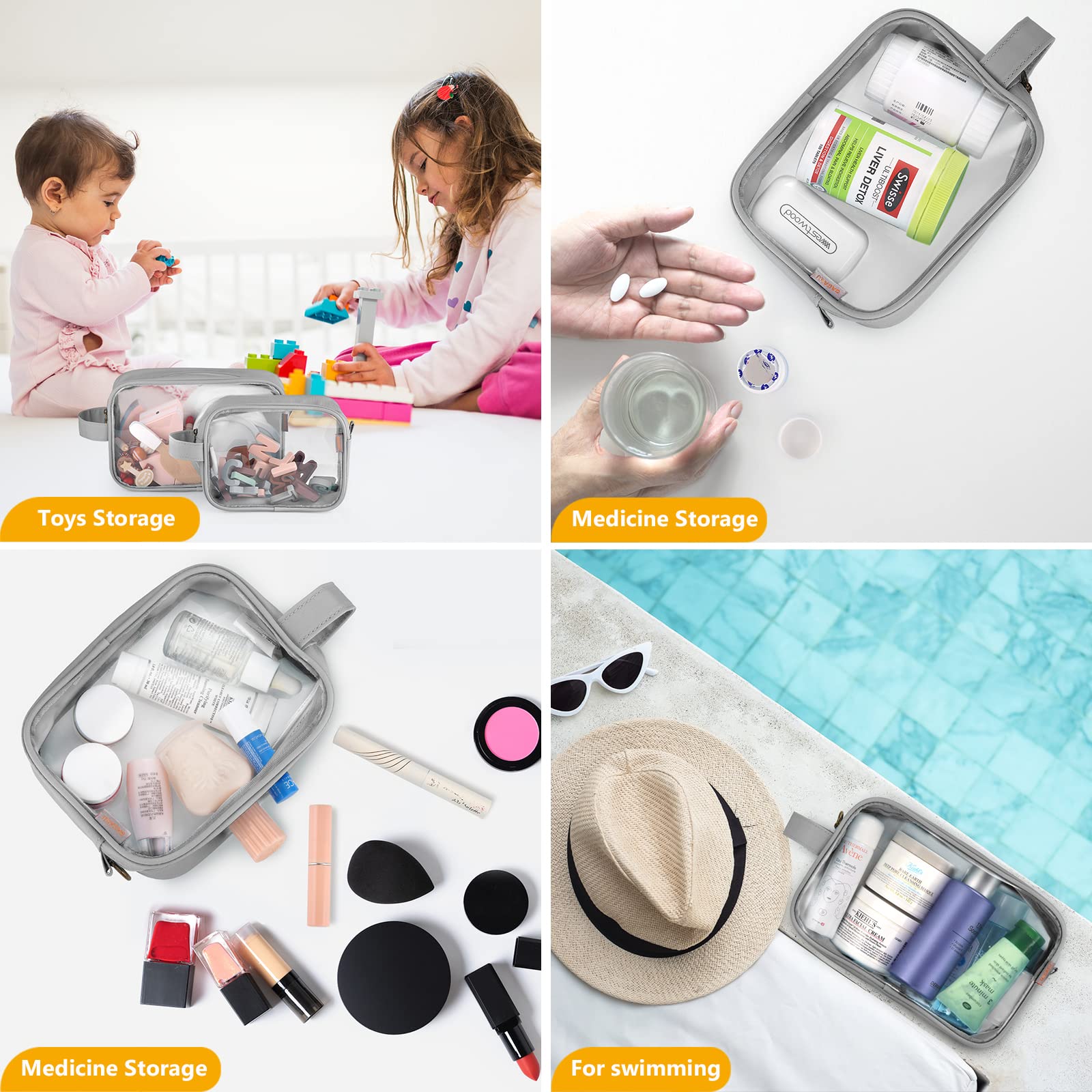 GAGAKU 2-Pack TSA Approved Clear Toiletry Bag - Waterproof Transparent Travel Cosmetic Bag with Handle Strap for Liquids, Makeup & Toiletries - Perfect for Air Travel, Gym & Weekend Getaways (Gray)