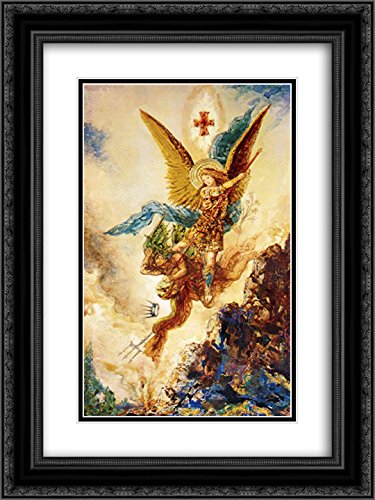 Saint Michael Vanquishing Satan - 18x24 Inch Black Ornate Framed Art Print with Double Matting | Gustave Moreau Museum Quality Reproduction | Wall Decor for Living Room, Bedroom, or Office