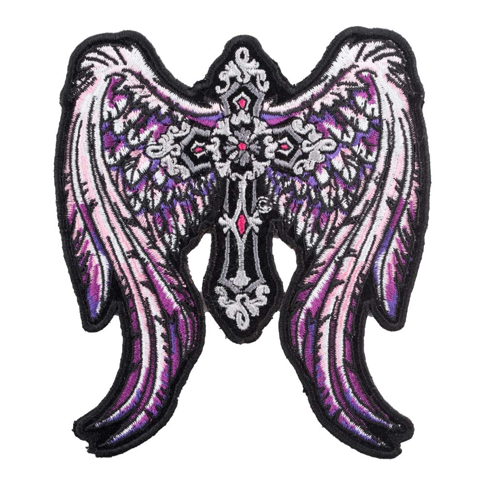 PatchStop Angel Wings Cross Purple Iron On Patches for Clothing & Jeans - 4x4.5 Inch Medium DIY Sew On Embroidered Patches for Jackets, Bags, Hats - Christian Decorative Patches for Denim, Backpacks & DIY Crafts