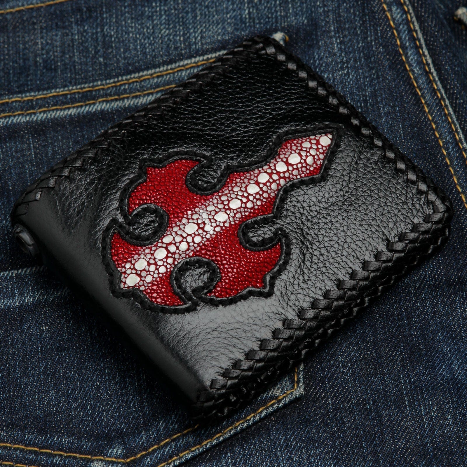 Premium Red Cross Stingray Leather Biker Wallet for Men - Durable RFID Blocking Motorcycle Wallet - Perfect for Bikers, Travel & Everyday Use
