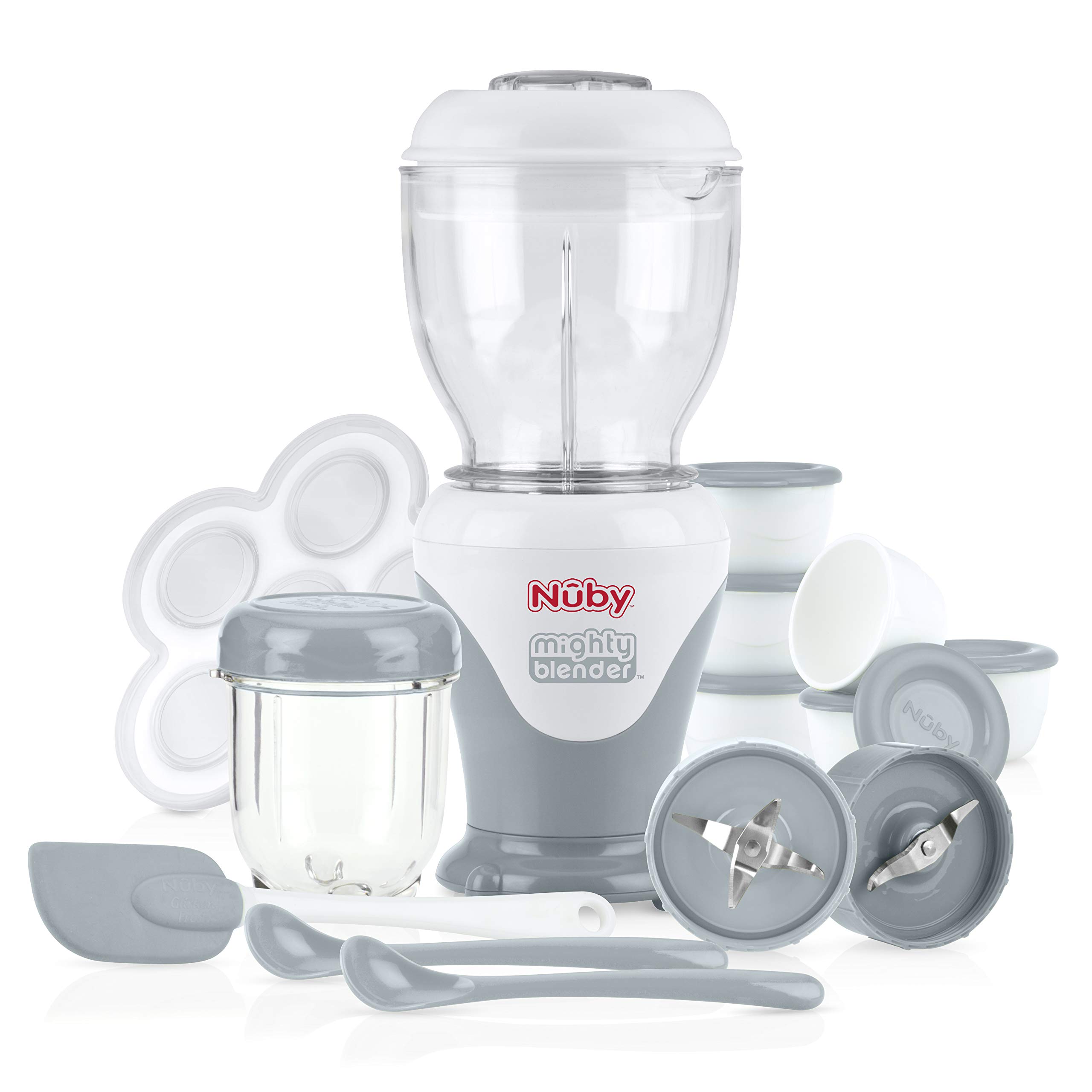 Nuby Mighty Blender with Cookbook - 22-Piece Baby Food Maker Set for Different Weaning Stages - Cool Gray Design - Perfect for Homemade Purees, Smoothies & Healthy Baby Meals