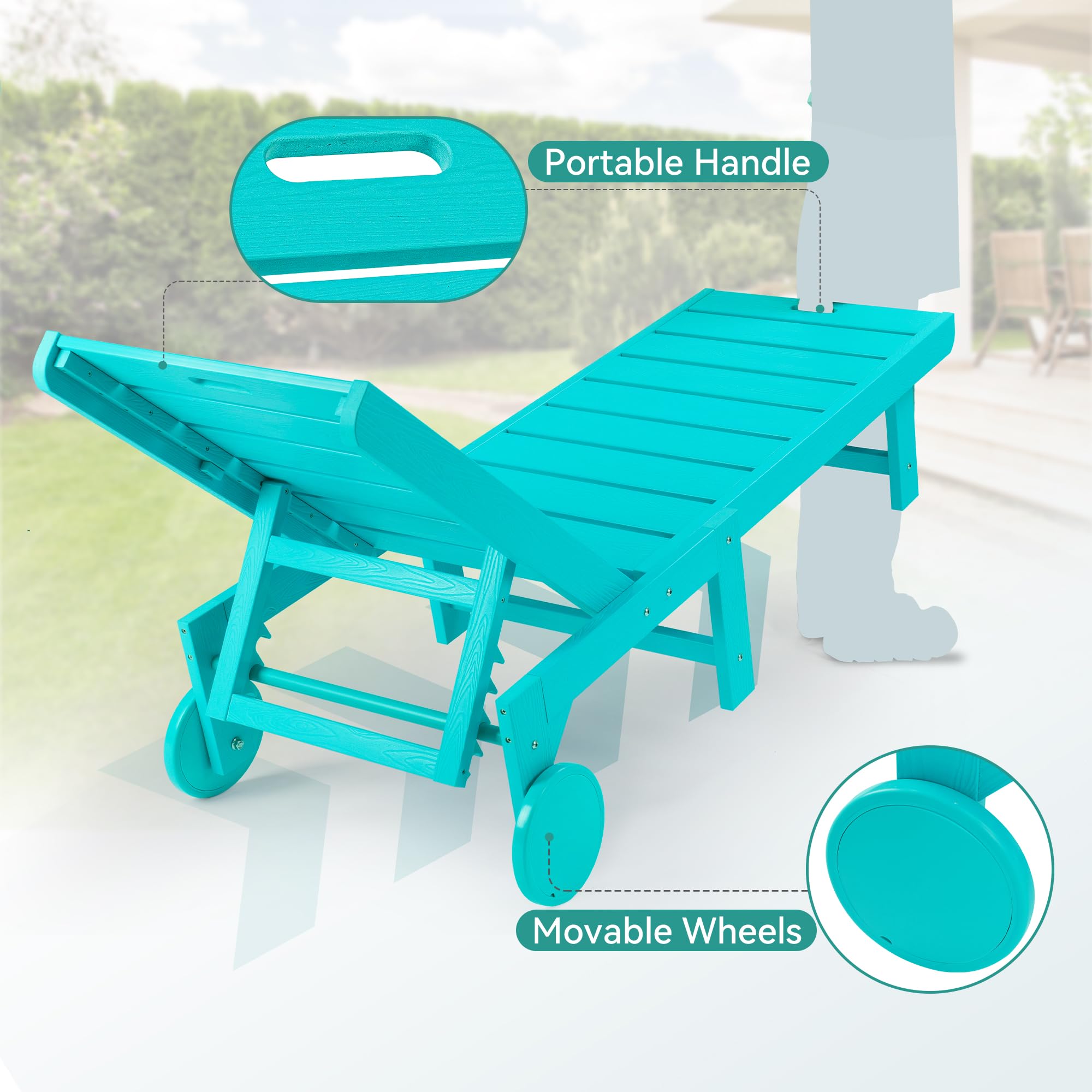 3-Piece Outdoor Chaise Lounge Chair Set with Table - HDPS Material, 5-Position Adjustable Backrest & Wheels - Perfect for Poolside, Beach, Patio & Backyard Relaxation