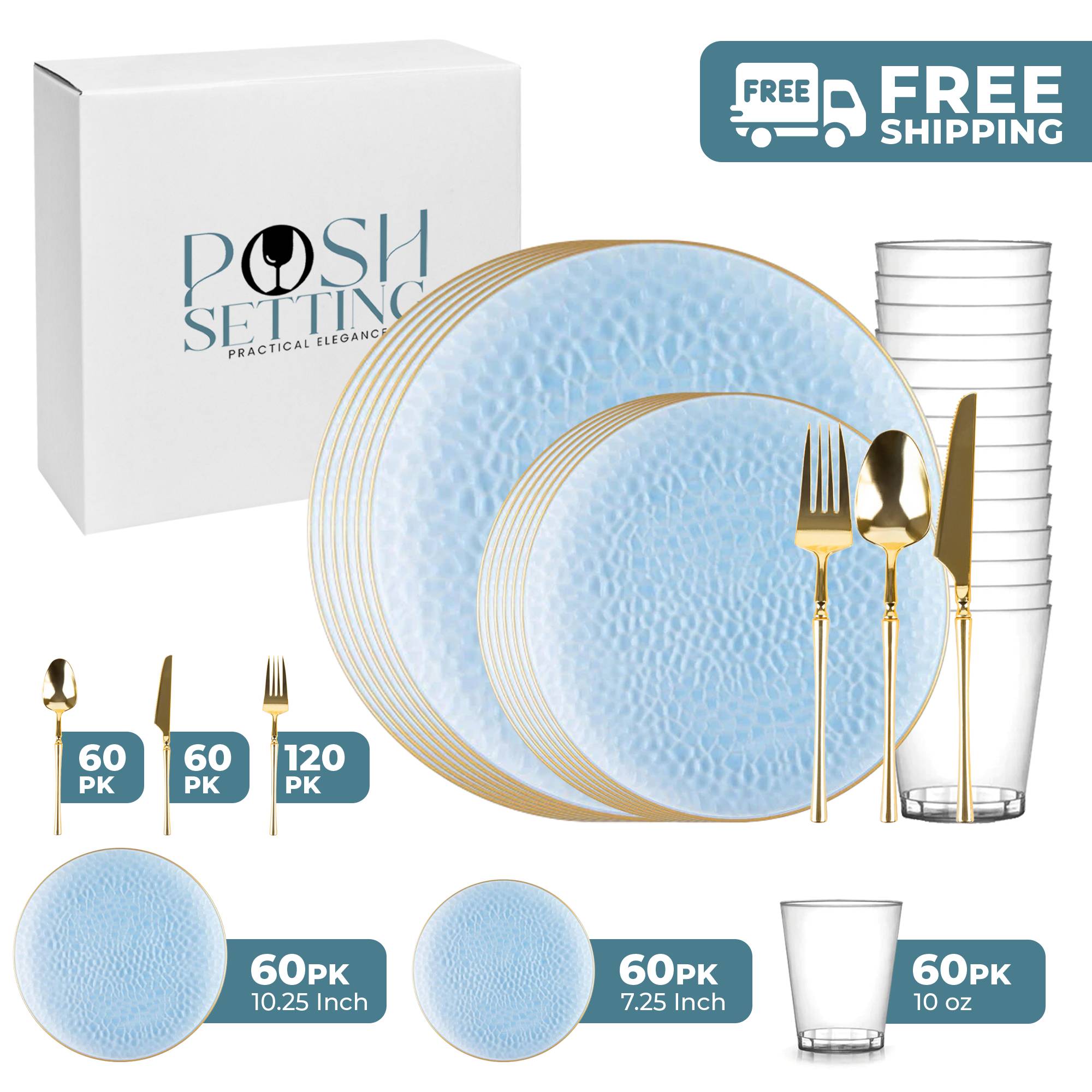 Blue and Gold Plastic Party Bundle - Organic Hammered Tableware Set for Birthday, Wedding & Holiday Celebrations