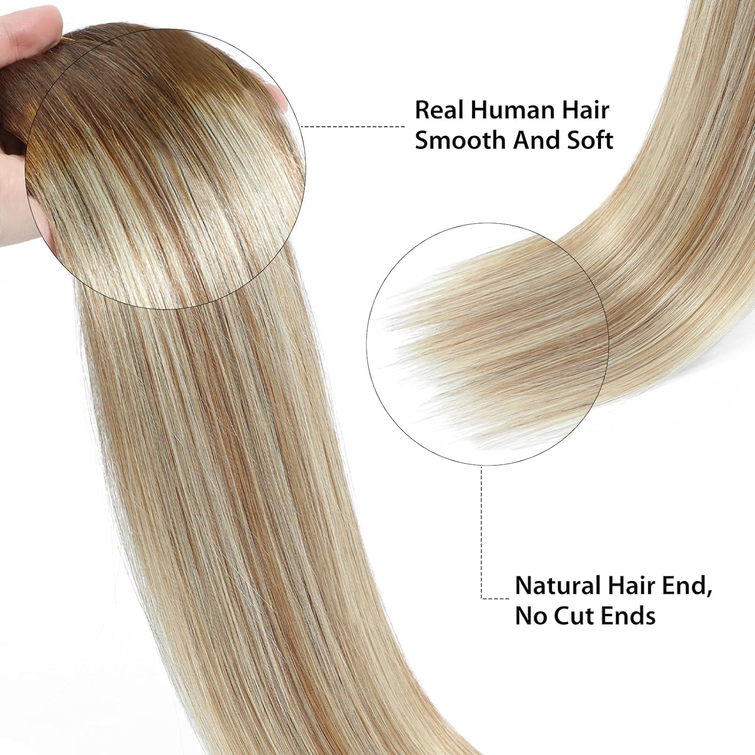 Ugrace 12 Inch 65g Real Human Hair Extensions - Balayage Light Brown to Ash Brown & Bleach Blonde - Transparent Invisible Fish Line Straight Clip-Ins for Women | Perfect for Daily Wear, Parties & Special Occasions
