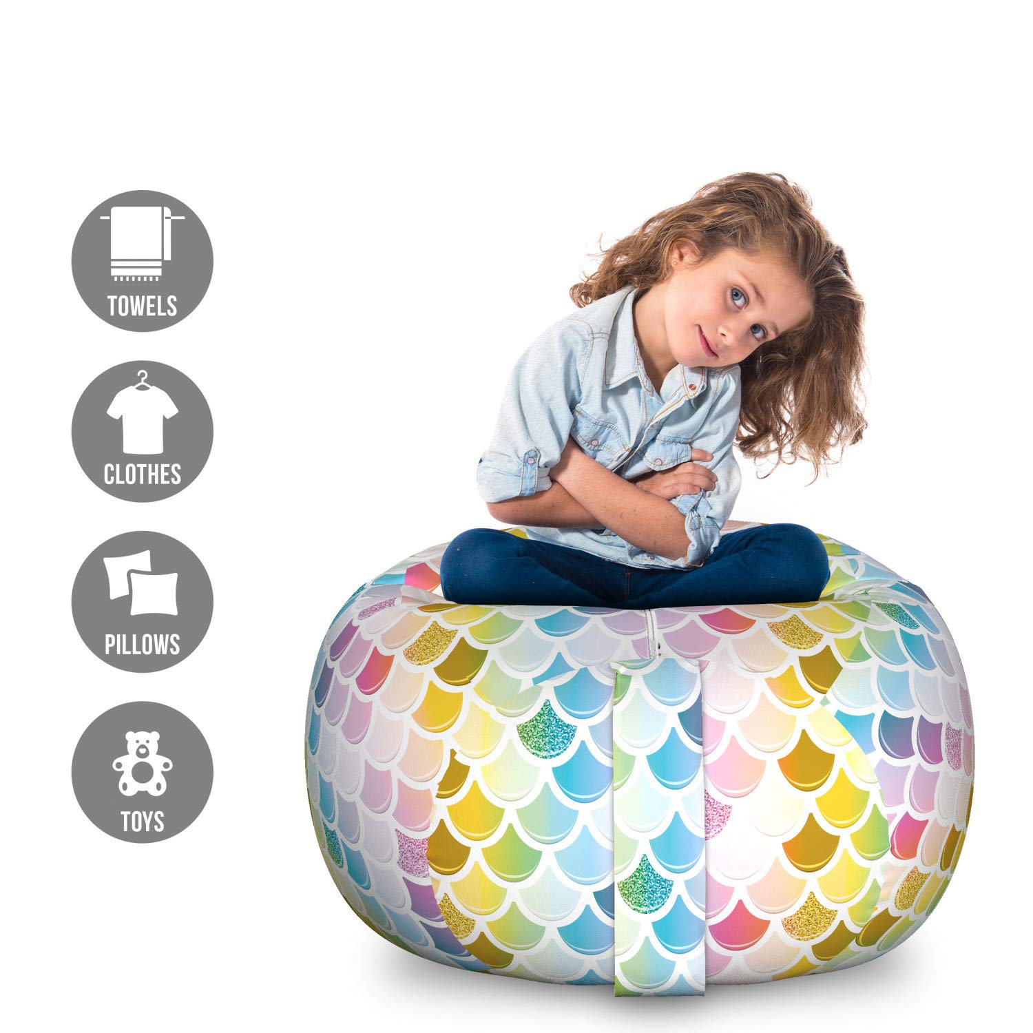 Lunarable Mermaid Scale Storage Toy Bag Chair - Rainbow Fantasy Squama Design, Large Washable Stuffed Animal Organizer (Mustard Pink) | Kids Room Decor, Playroom Storage, Nursery Organization