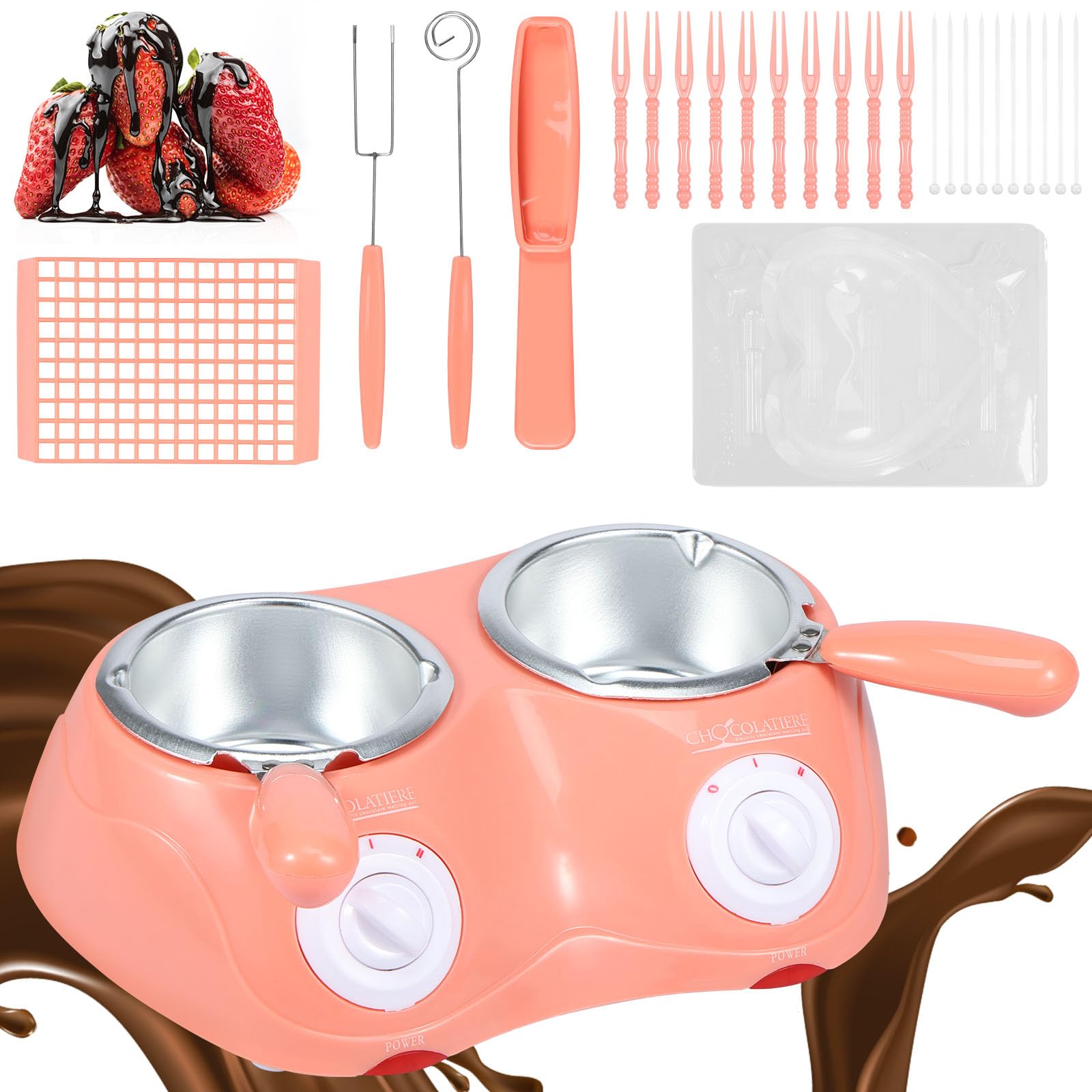 Pink Electric Chocolate Melting Pot with Double Warmer - Candy Maker & Fondue Set for Strawberries, Cheese, Butter (Perfect for Parties, Valentine's Day & Family Dessert Nights)