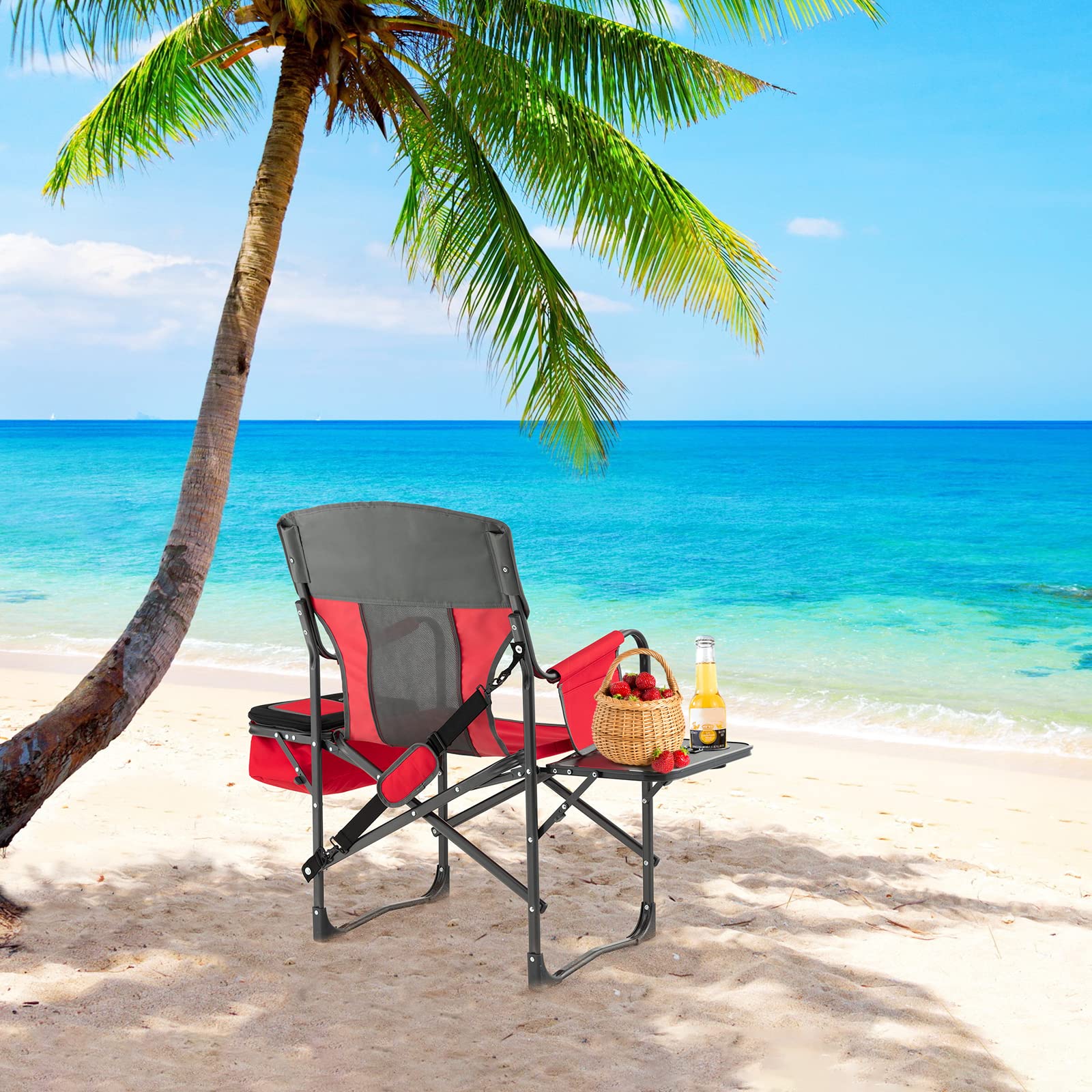 Giantex Heavy Duty Folding Camping Chair with Side Table & Cooler Bag - Portable Director's Chair with Storage Pocket, Shoulder Strap & Handle - 400 lbs Weight Capacity - Perfect for Outdoor Camping, Fishing, Picnics, Makeup Artists & Photographers (Red)