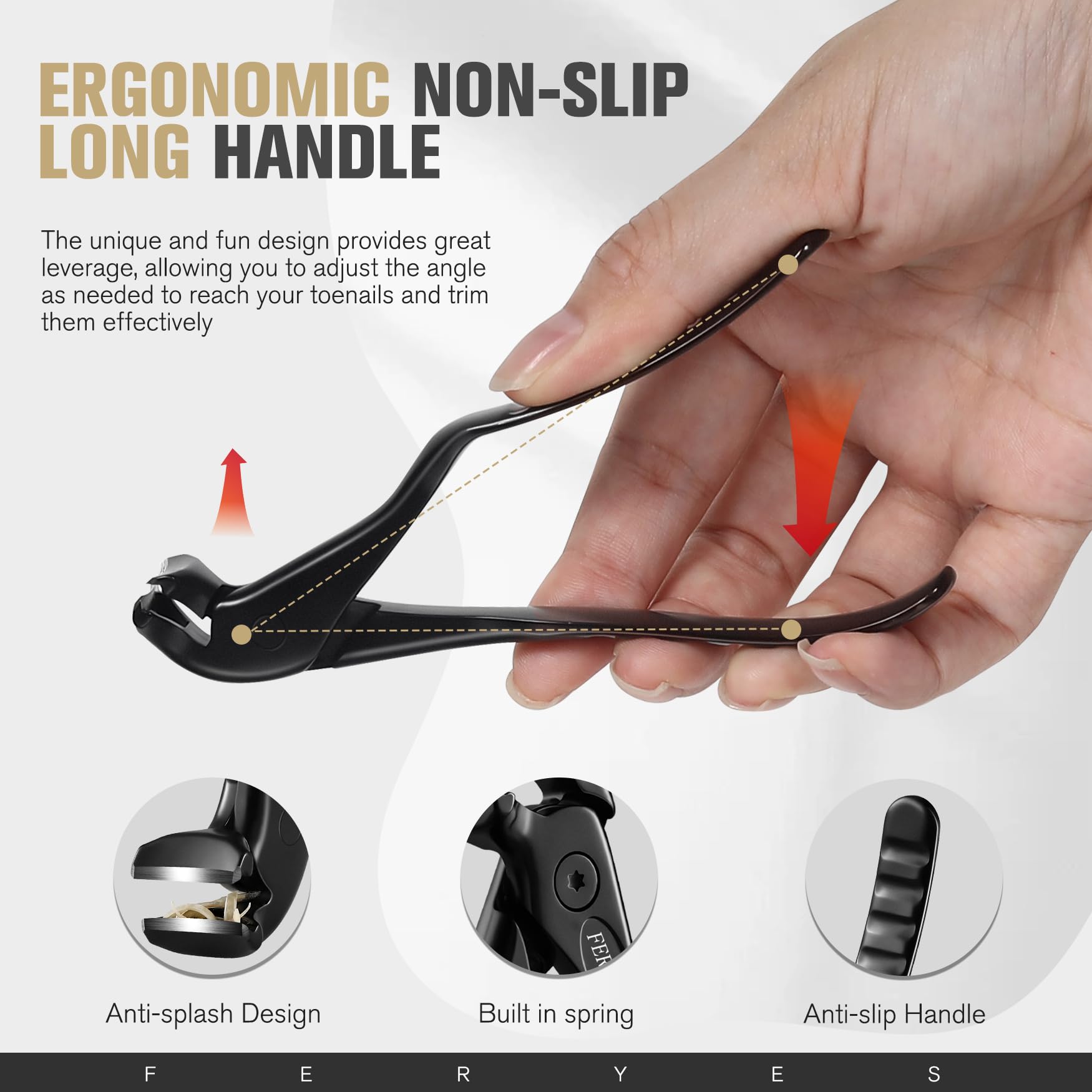 **FERYES Ergonomic Non-Slip Long Handle Nail Clippers for Seniors & Adults – Wide Jaw Angled Head Toenail Clipper with Catcher for Thick Nails – Perfect for Elderly Care, Pedicure, and Home Grooming**
