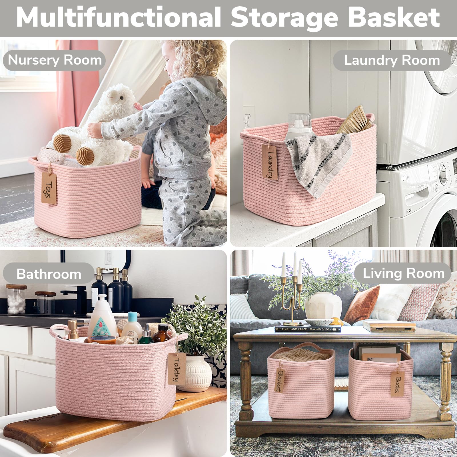 Goodpick 3-Pack Woven Rope Storage Baskets - 13x10x9 Inch Pink Organizing Bins with Handles for Toys, Books, Home Decor | Perfect for Closet, Nursery, Living Room & Gift Packaging