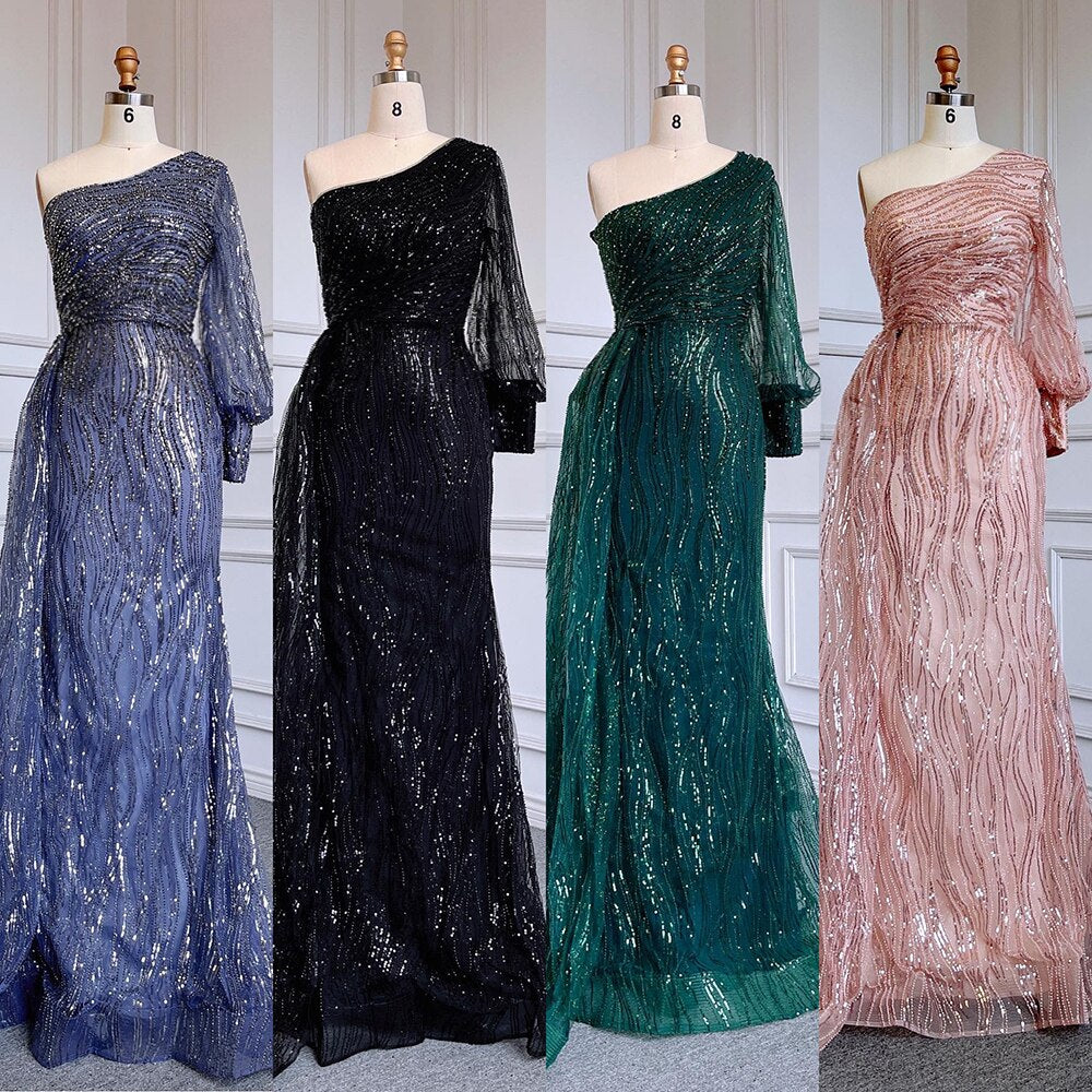 Elegant One Shoulder Mermaid Evening Dress with Puff Sleeves & Beaded Details - Green Prom Gown for Women - Perfect for Parties, Galas & Formal Events