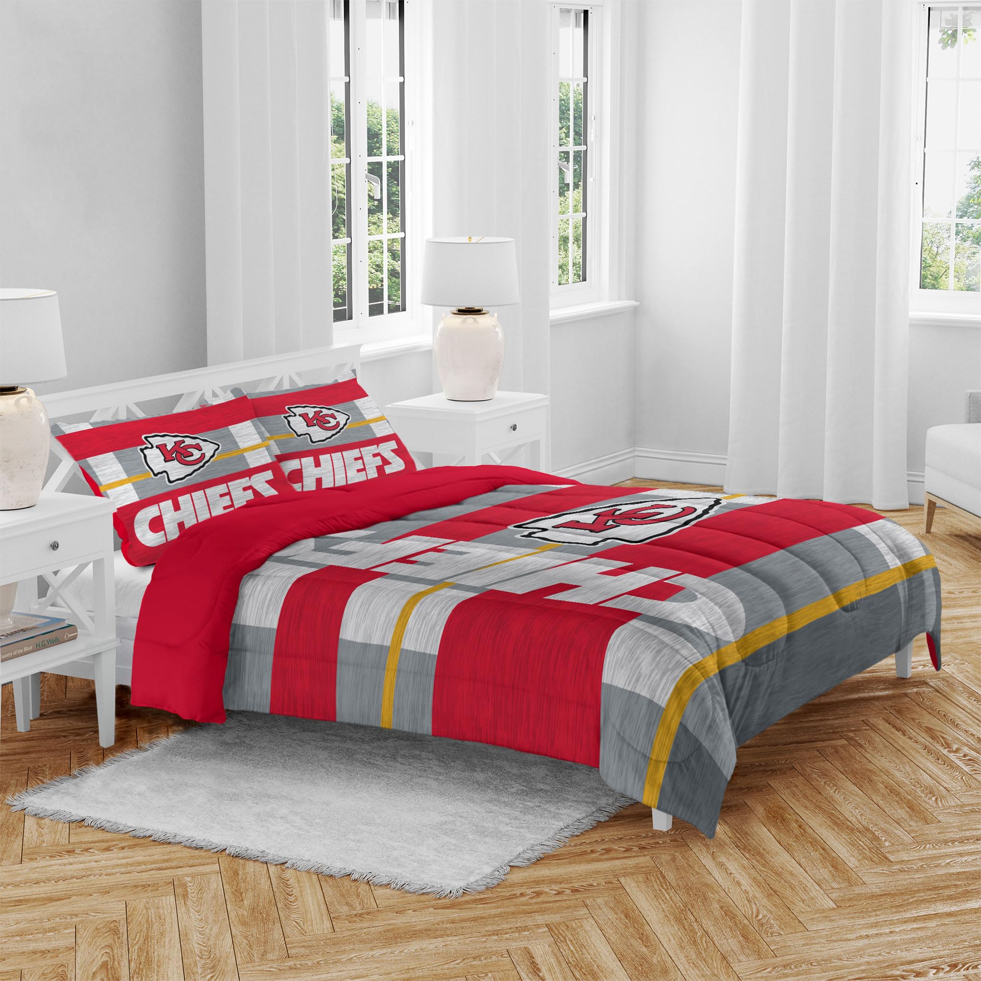 Kansas City Chiefs Heathered Stripe 3-Piece Full/Queen Bedding Set - NFL Team Comforter, Sheet & Pillowcase for Football Fans Bedroom Decor