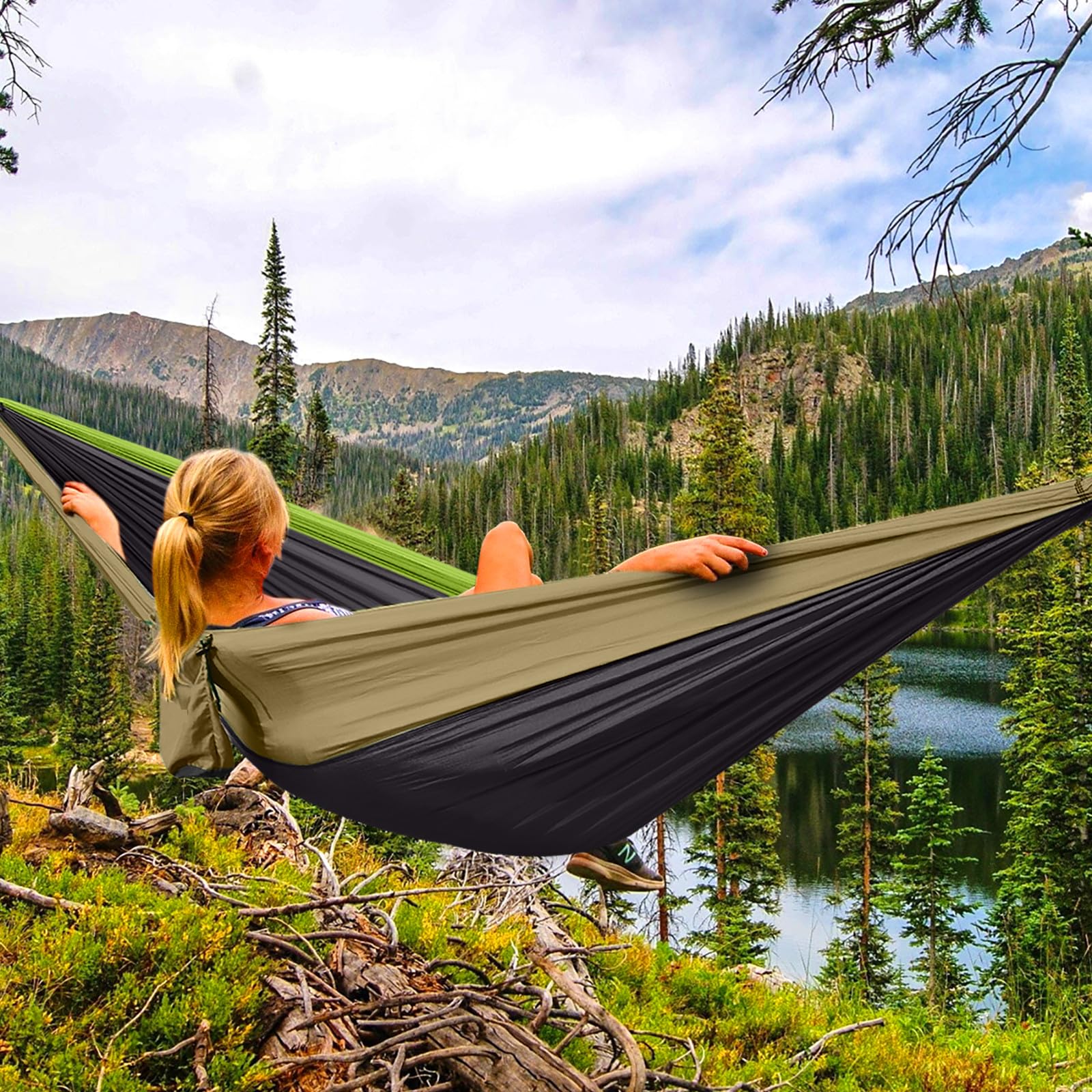 Premium Double Camping Hammock with 2 Tree Straps (16+2 Loops) - 210T Nylon Parachute Lightweight Portable Hammock for 2 Persons - Perfect for Backpacking, Hiking, Beach, Travel & Backyard Relaxation - Great Gift for Outdoor Enthusiasts