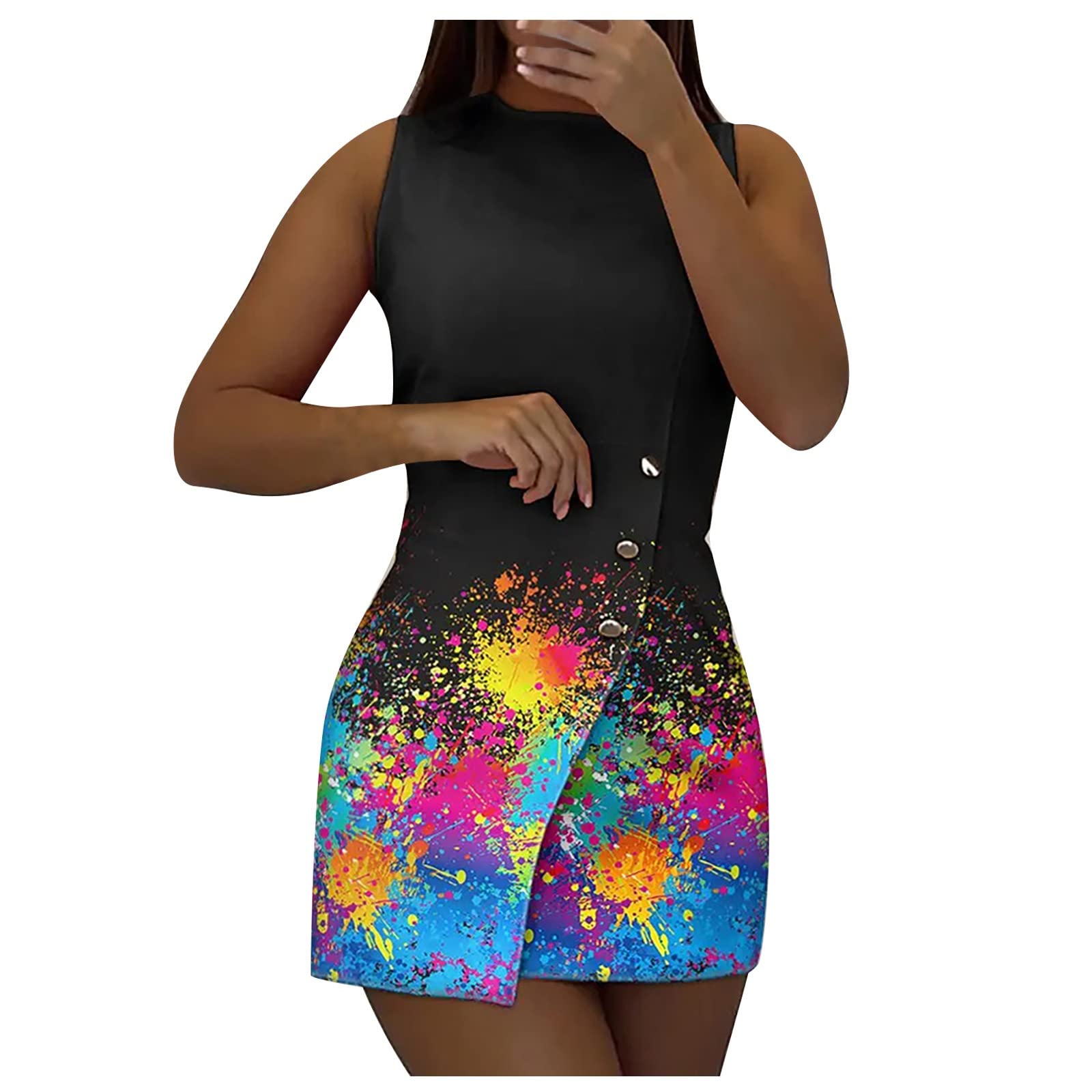 Plus Size Women's Casual Short Sleeveless Dress - Round Neck Pullover Button Down Beach Dress with Solid & Printed Patterns | Perfect for Summer Outings, Vacations, and Beach Wear