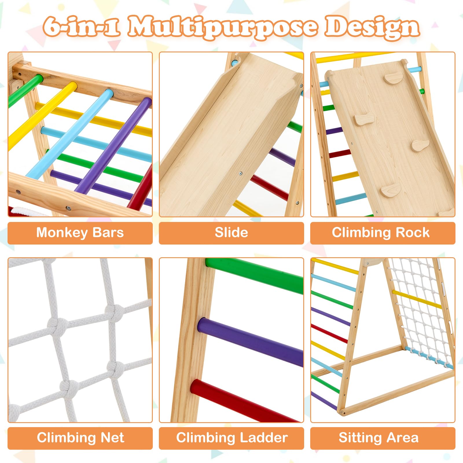 Costzon 6-in-1 Montessori Indoor Jungle Gym for Toddlers Ages 2-6 - Wooden Climbing Toys with Double-Sided Slide, Rock Wall & Net - Perfect for Home Playrooms, Daycares & Preschool Classrooms