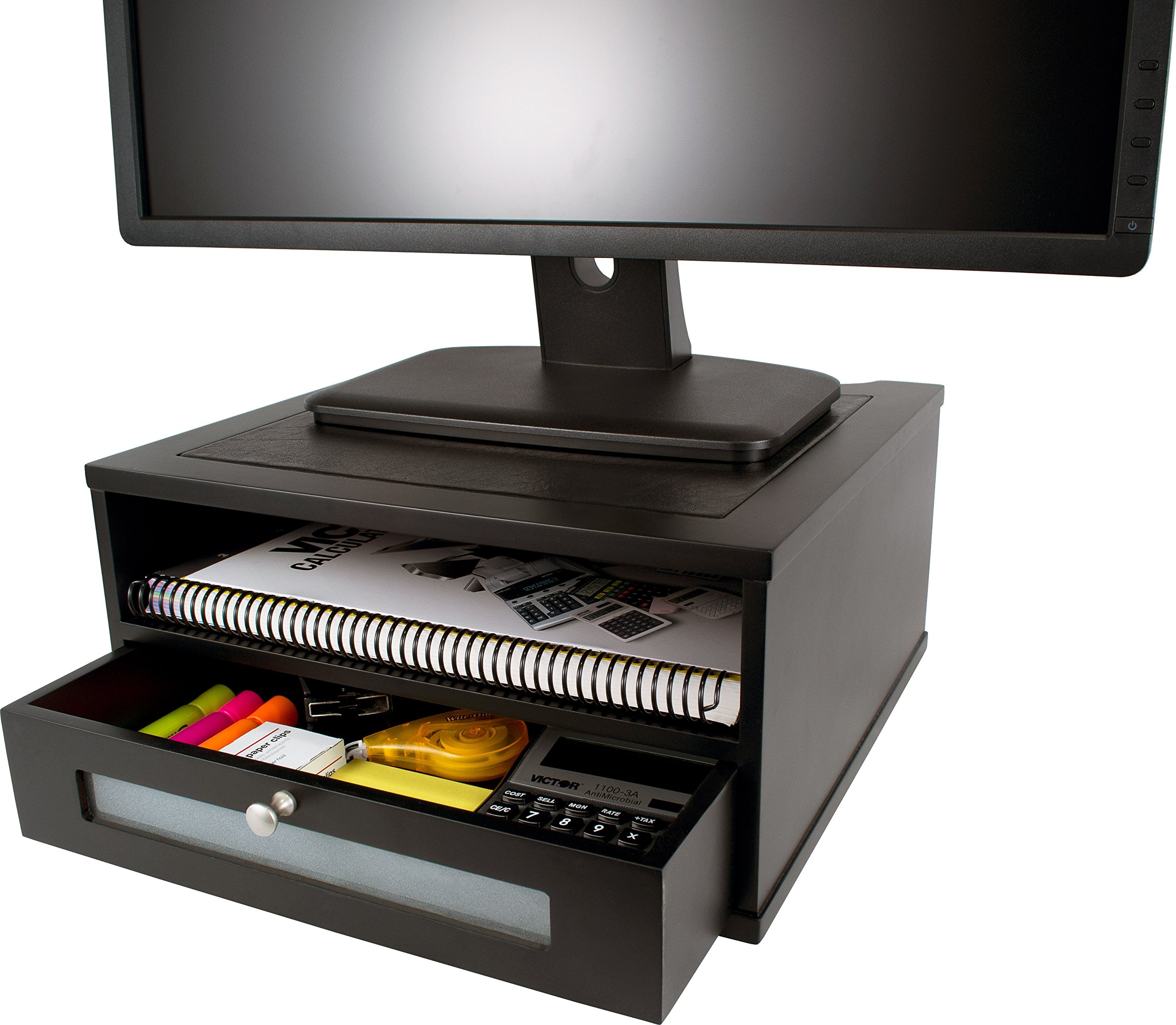 Victor Midnight Black Collection 1175-5 Wood Monitor Stand Riser - Ergonomic Desktop Organizer for Home & Office Workspace