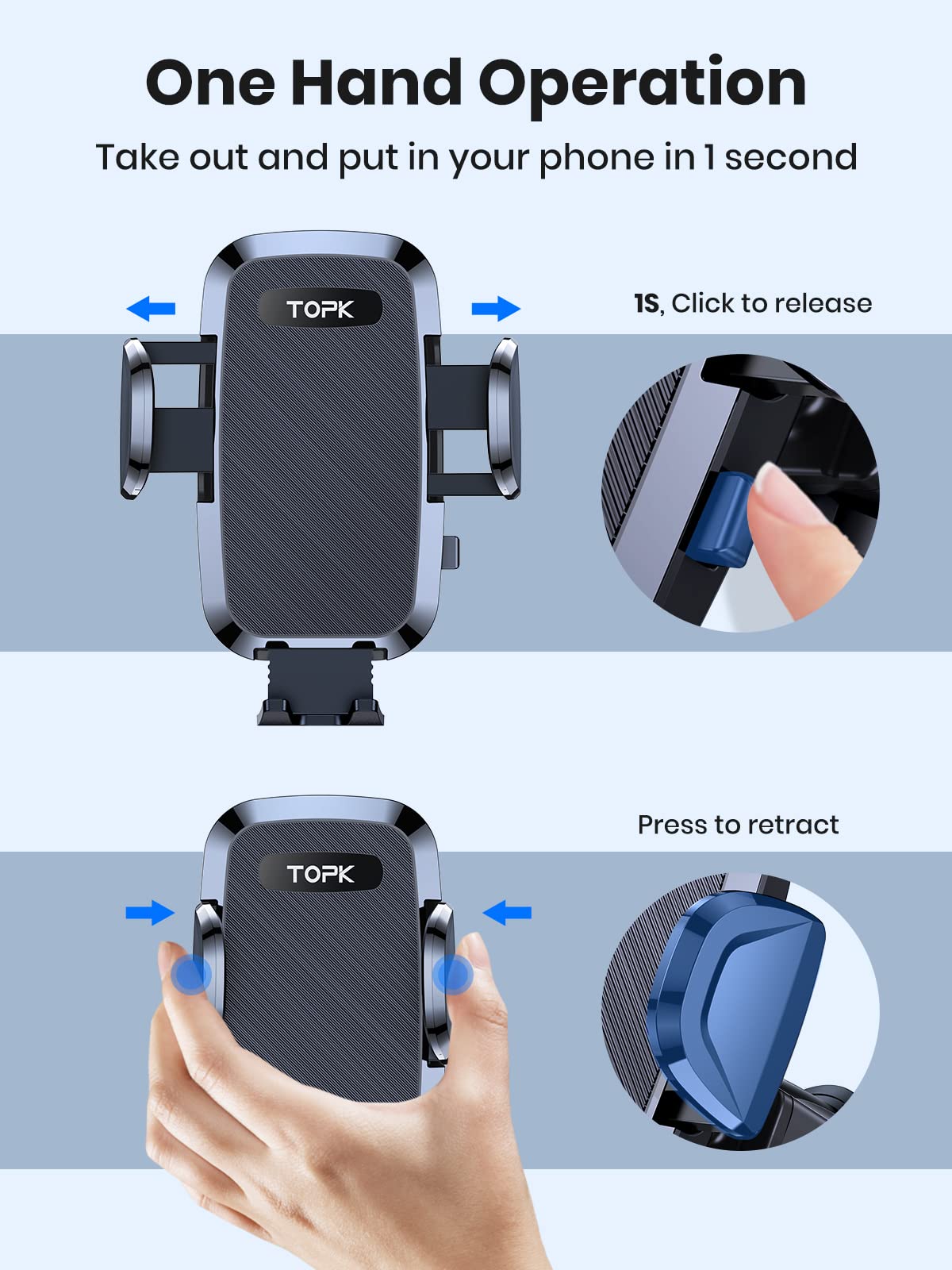 TOPK 360° Adjustable Car Phone Mount - Strong Suction Cup Dashboard & Windshield Phone Holder for iPhone, Samsung, Pixel (4.7-6.8 Inch) - Perfect for GPS Navigation, Hands-Free Calling & Road Trips