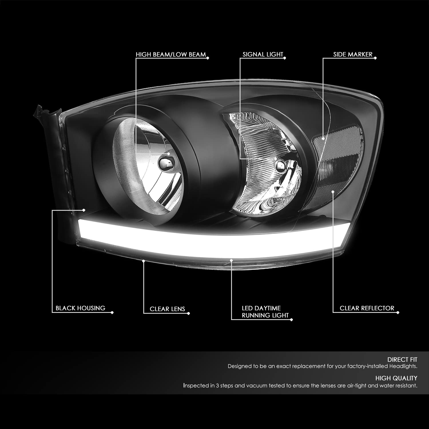DNA MOTORING Black Headlights for 06-09 Dodge Ram - LED Light Bar Replacement for Off-Road & Night Driving