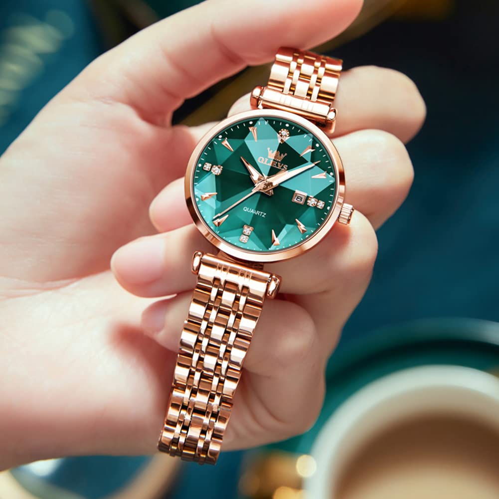 OLEVS Women's Luxury Rose Gold Diamond Analog Quartz Watch - Stainless Steel, Luminous, Waterproof with Date - Perfect for Dressy Occasions, Office & Everyday Wear