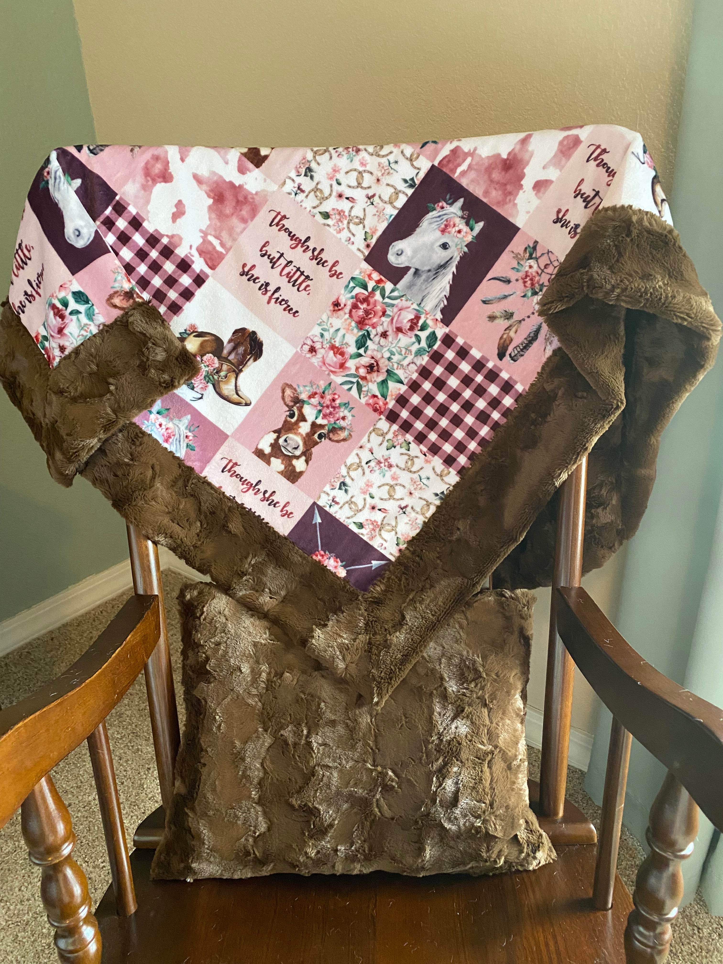 Soft Rosewater Brown Minky Baby Blanket 37x45 Inch with Matching 13x18 Pillowcase - Cozy Cowgirl Themed Nursery Blanket for Cuddling, Swaddling & Photo Props