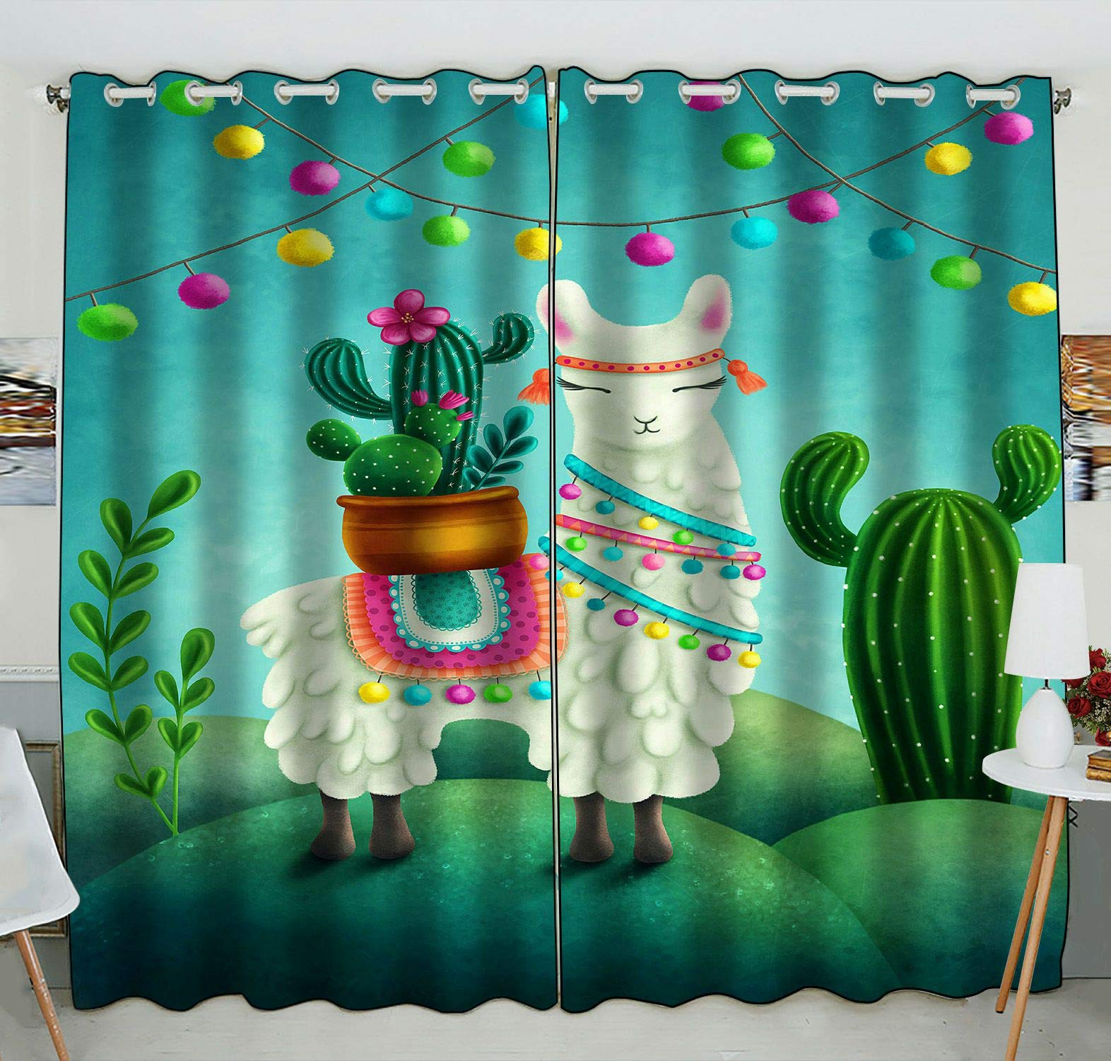 Cute Llama Window Curtains - 52x84 Inch Kitchen Drapes, 2 Panels Set - Boho Farmhouse Decor for Living Room, Bedroom & Nursery